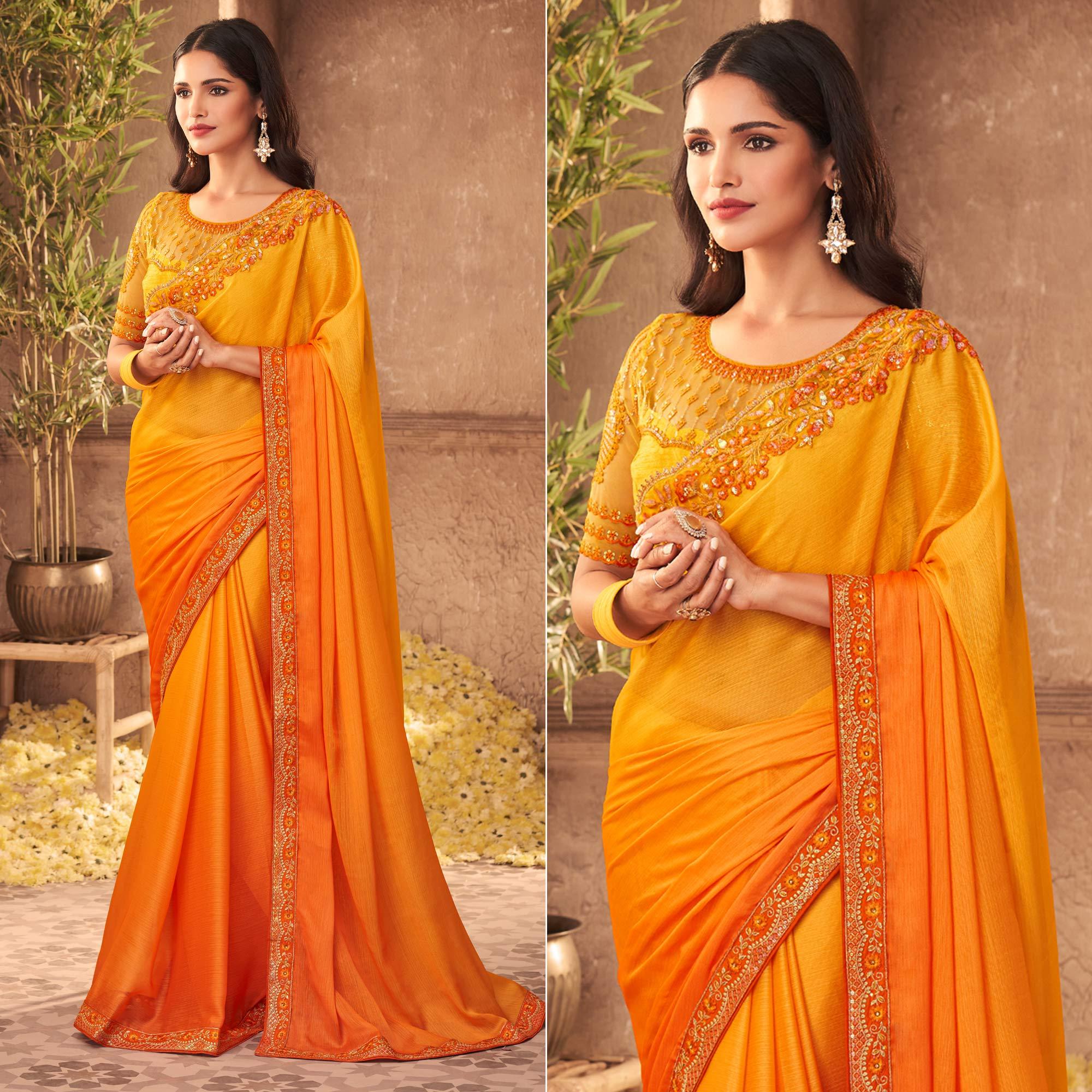 Yellow Partywear Embroidered Silk Saree - Peachmode