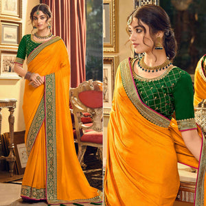 Yellow Partywear Embroidered Silk Saree - Peachmode