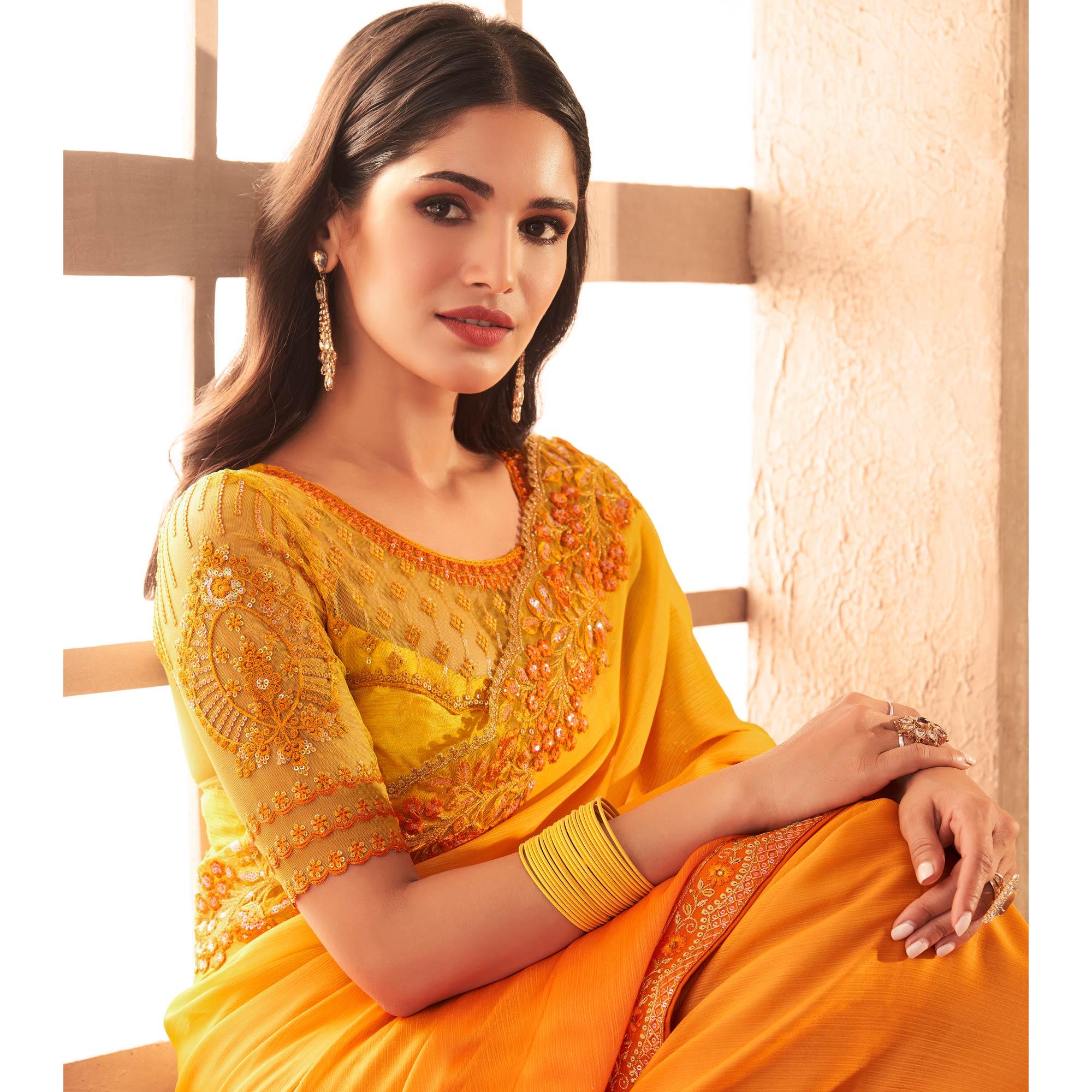 Yellow Partywear Embroidered Silk Saree - Peachmode