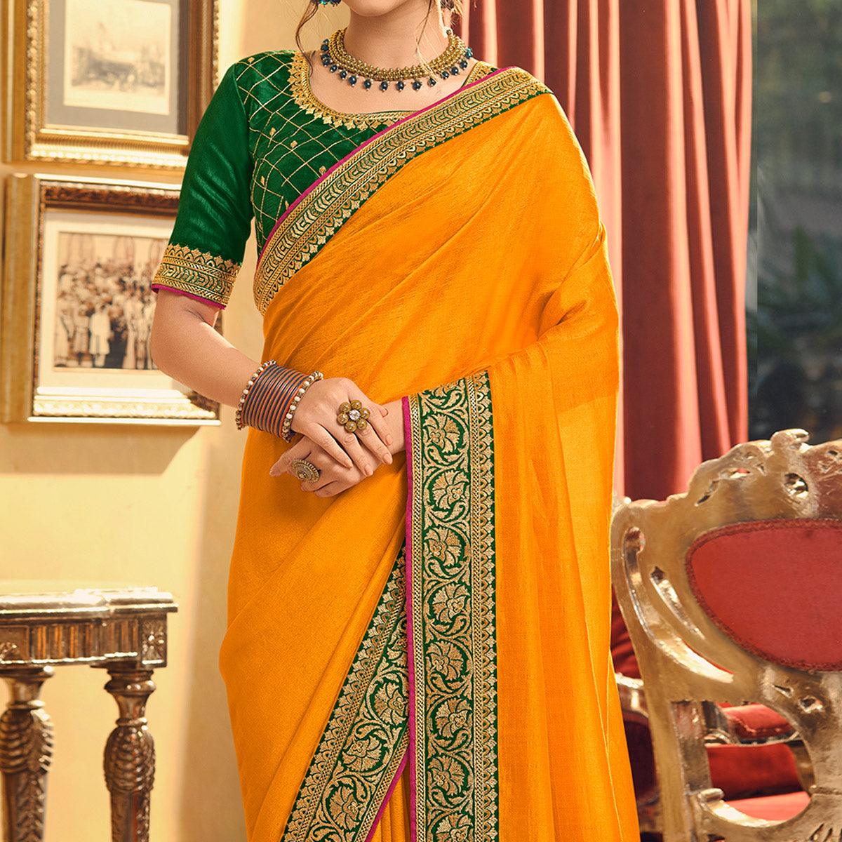 Yellow Partywear Embroidered Silk Saree - Peachmode