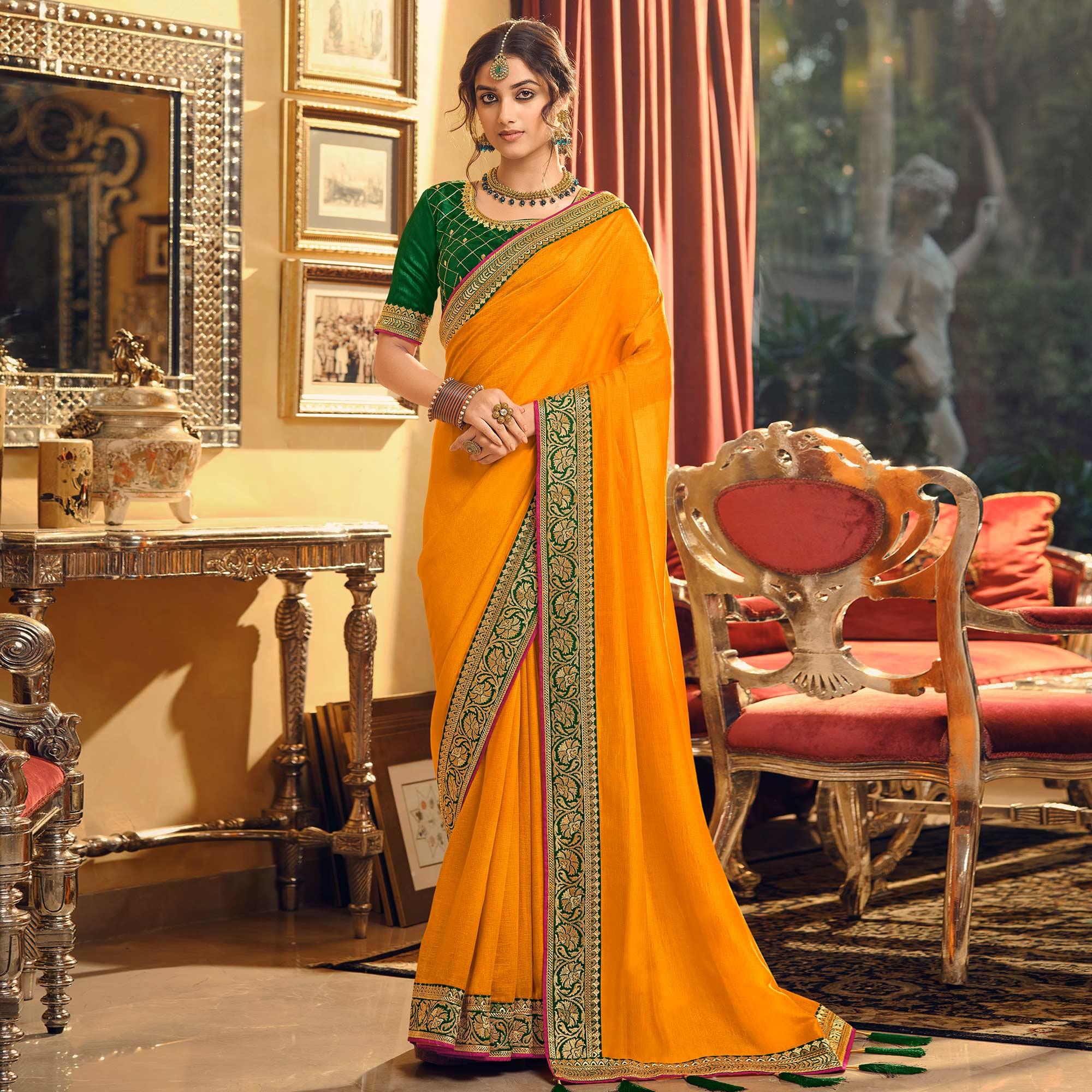 Yellow Partywear Embroidered Silk Saree - Peachmode