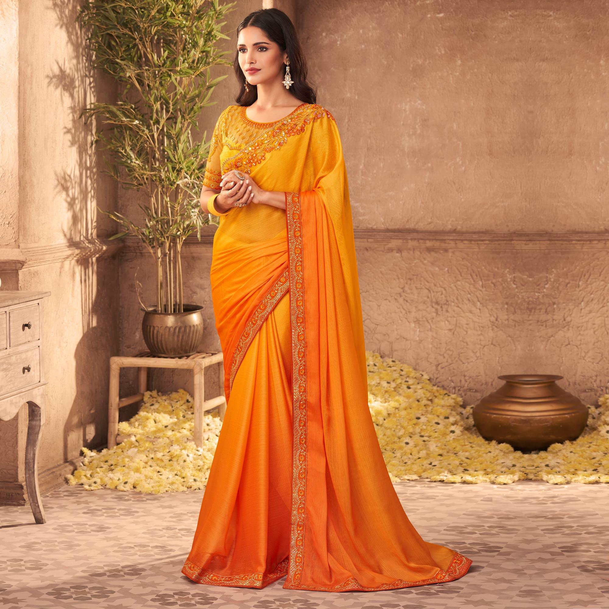 Yellow Partywear Embroidered Silk Saree - Peachmode