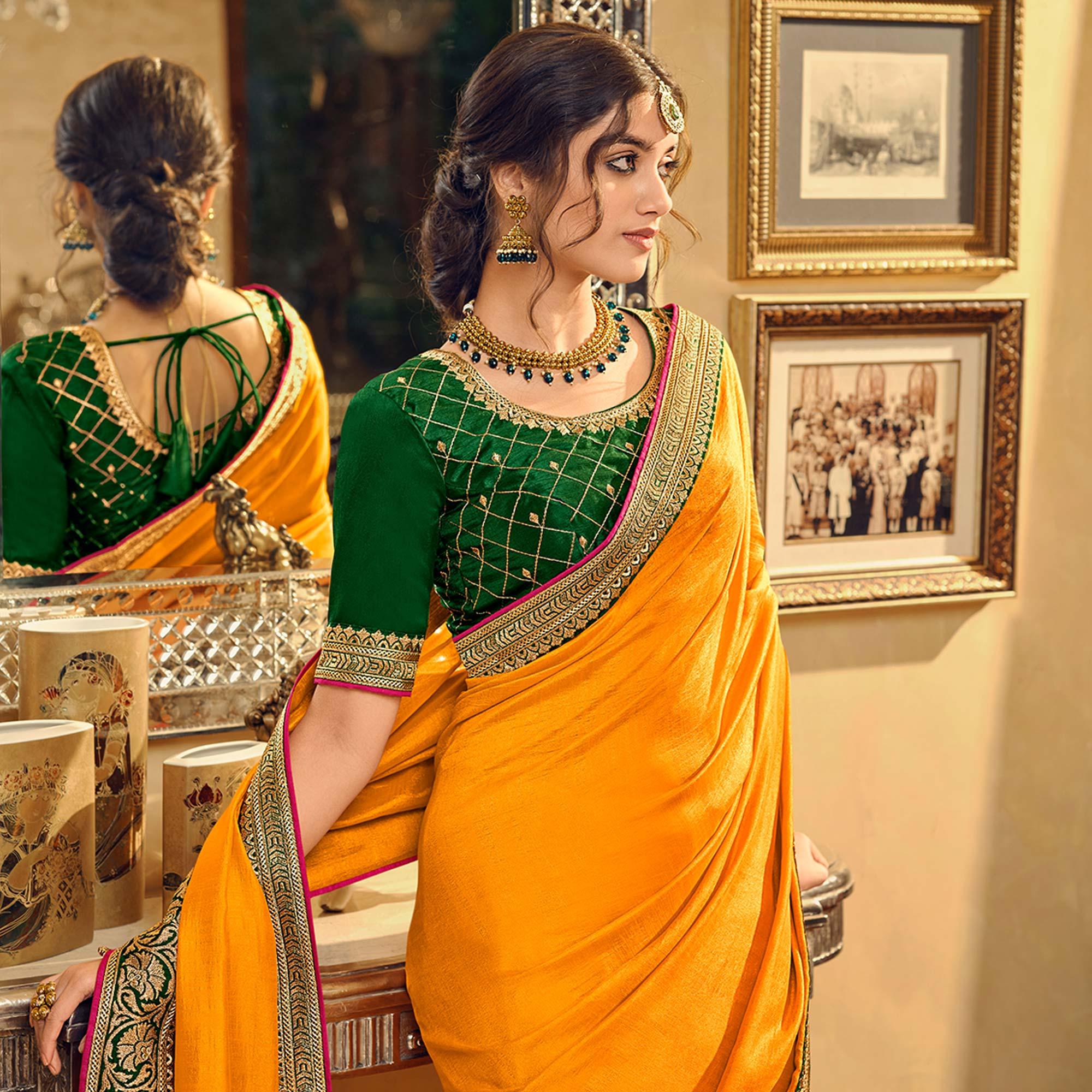 Yellow Partywear Embroidered Silk Saree - Peachmode
