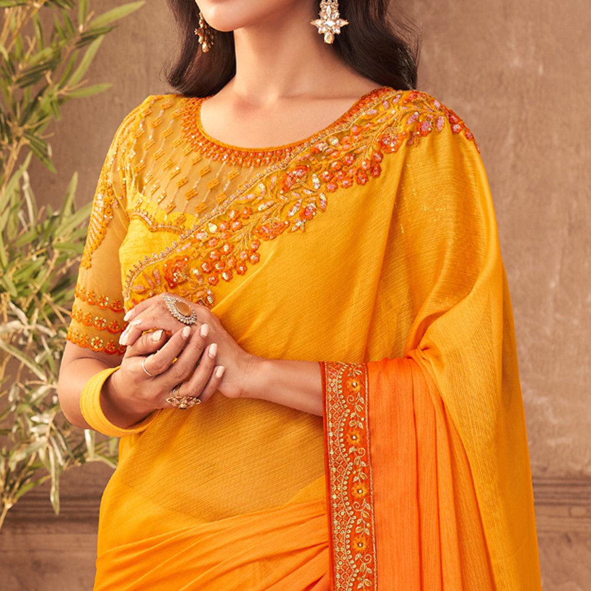 Yellow Partywear Embroidered Silk Saree - Peachmode