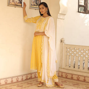 Yellow Partywear Embroidery With Embellished Cotton Kurti Pant Set - Peachmode