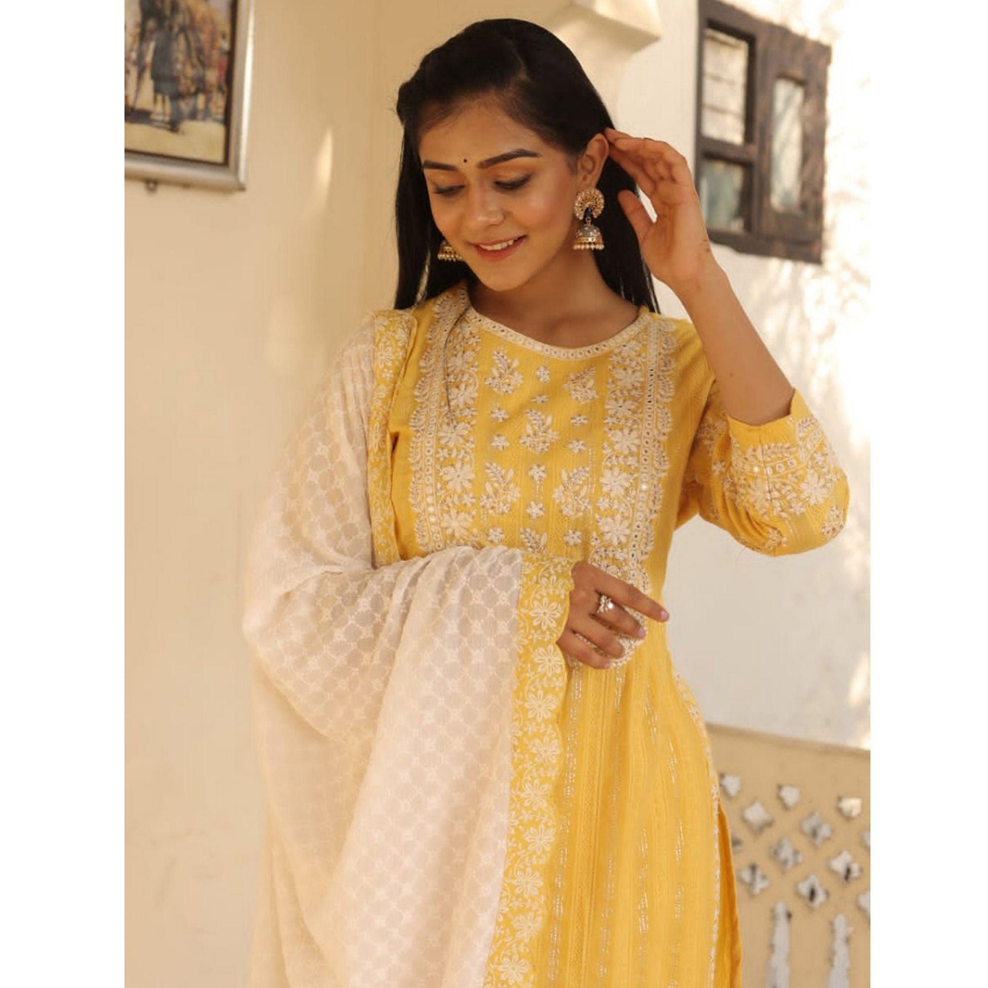Yellow Partywear Embroidery With Embellished Cotton Kurti Pant Set - Peachmode