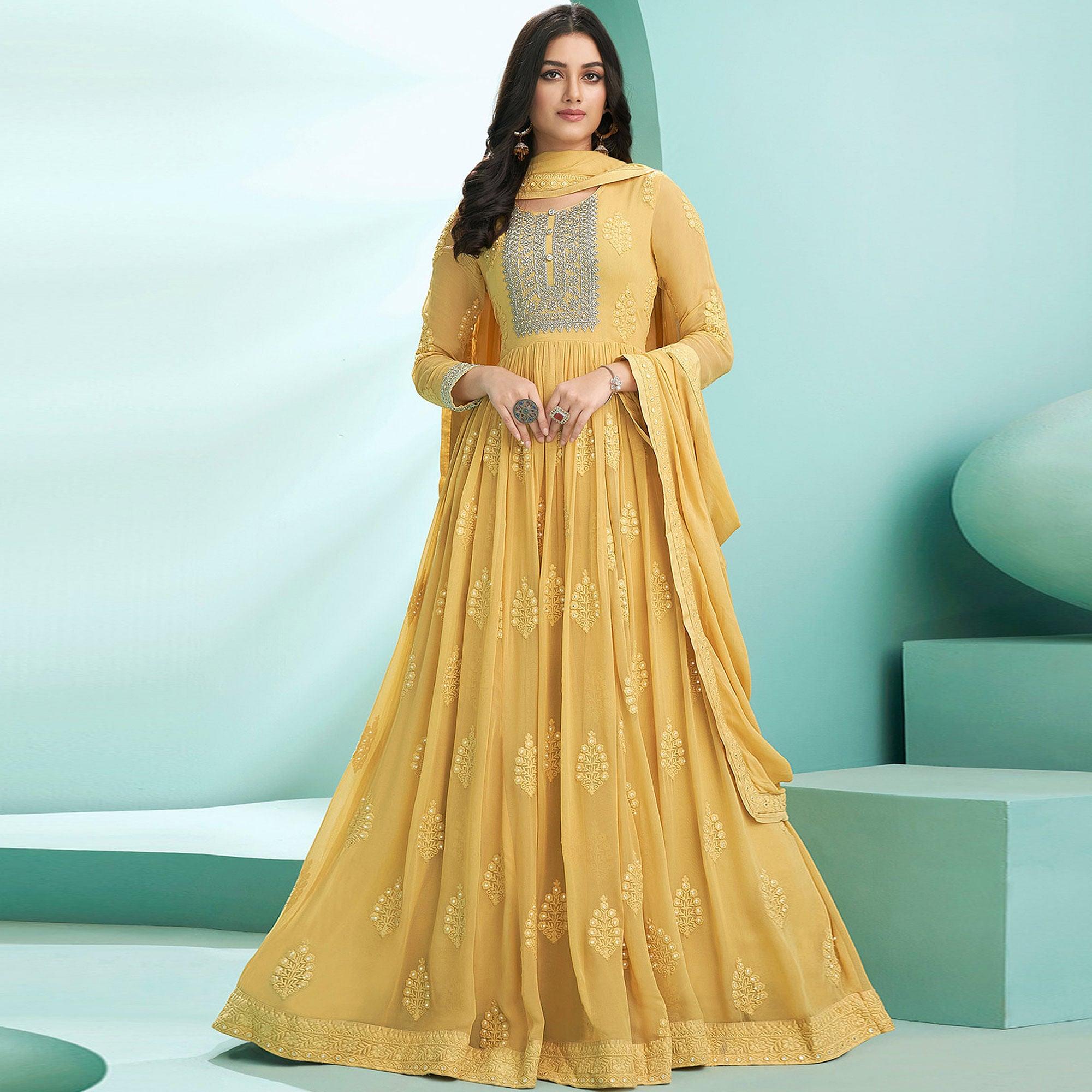 Yellow Partywear Embroidery With Embellished Georgette Gown - Peachmode