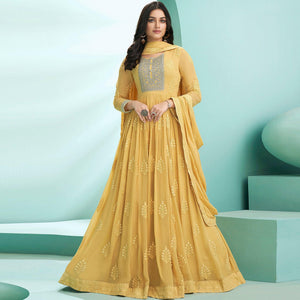 Yellow Partywear Embroidery With Embellished Georgette Gown - Peachmode