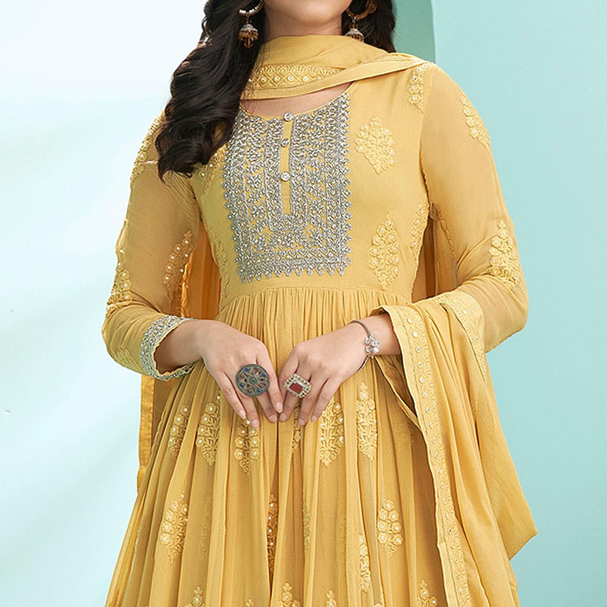 Yellow Partywear Embroidery With Embellished Georgette Gown - Peachmode