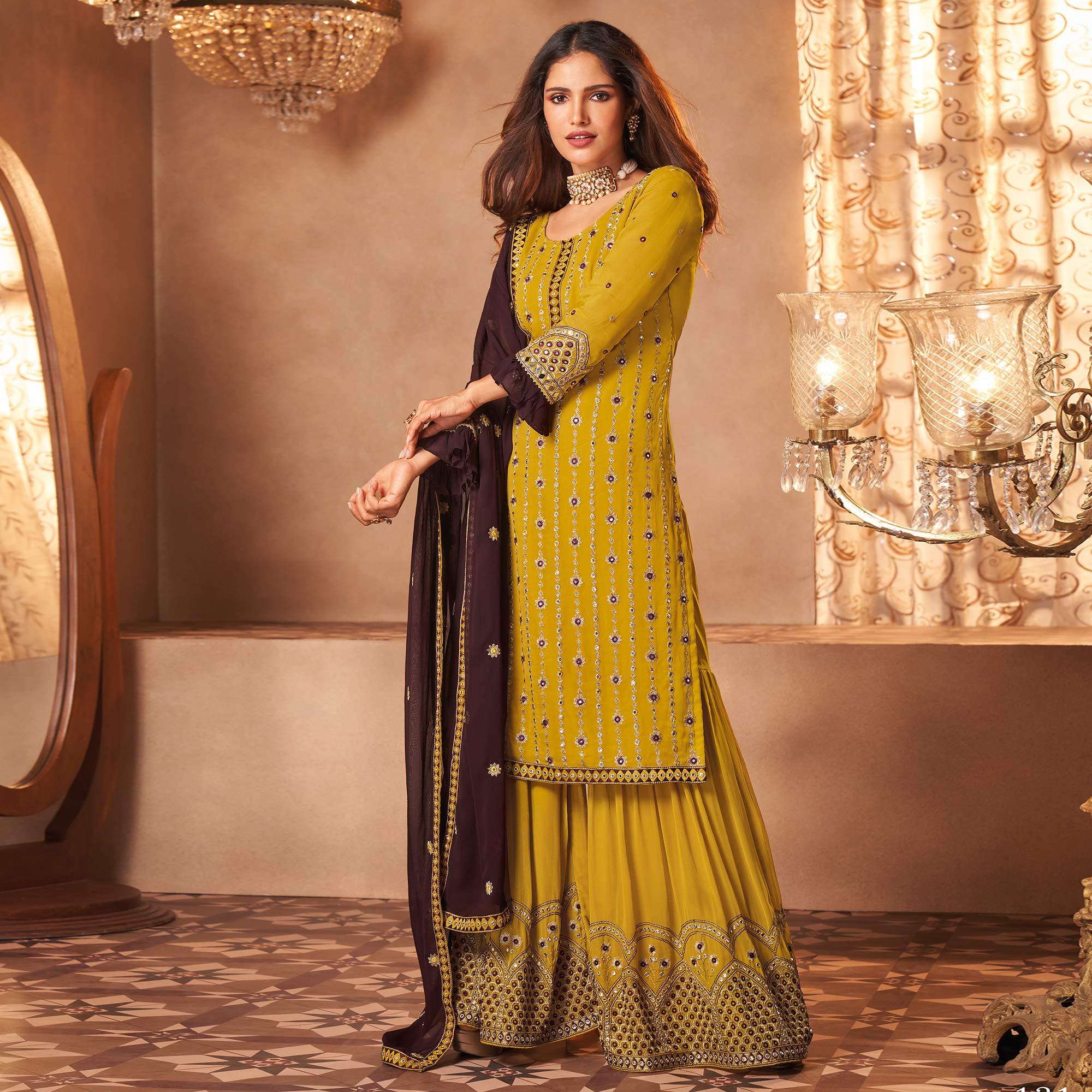 Yellow Partywear Embroidery With Embellished Georgette Palazzo Suit - Peachmode