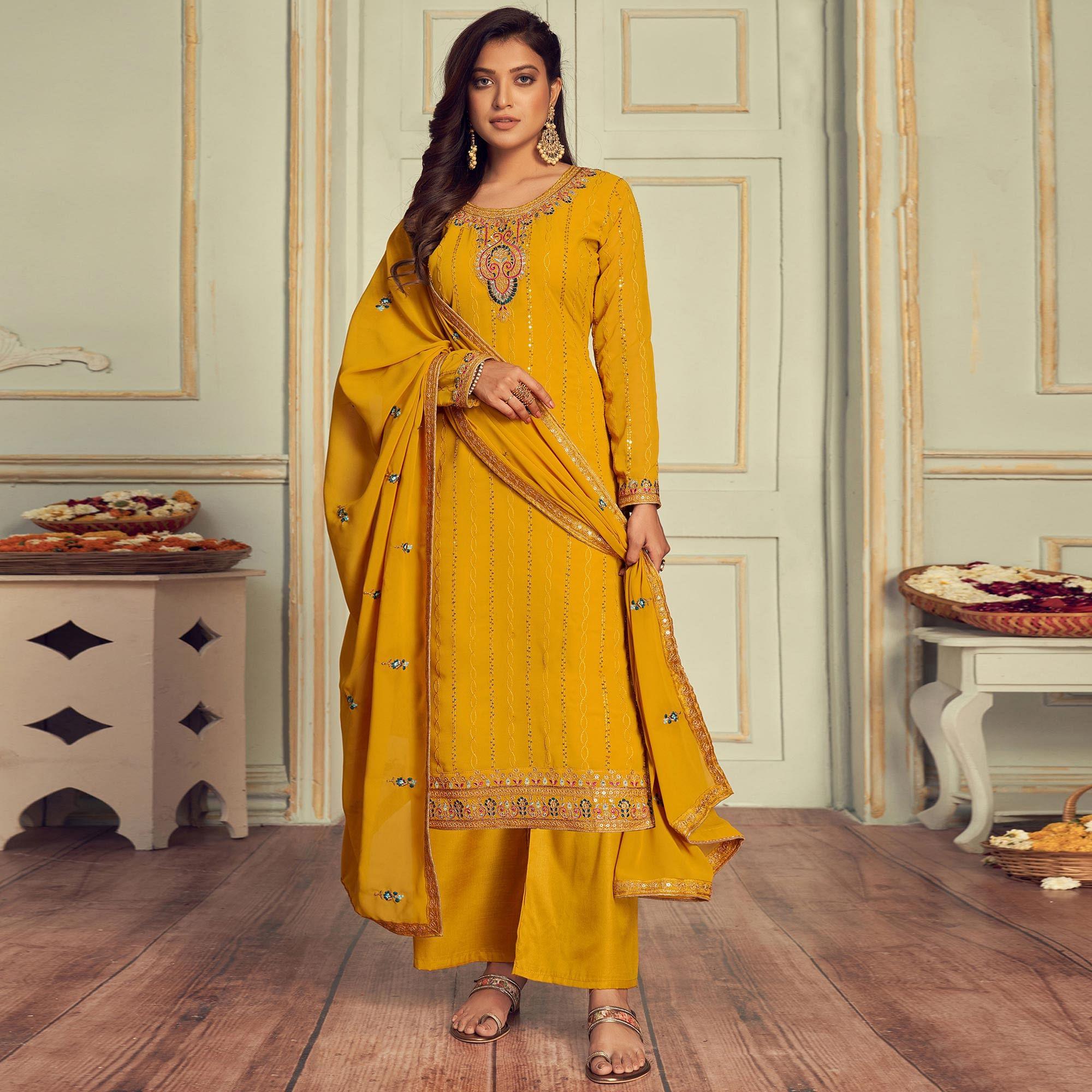 Yellow Partywear Embroidery With Embellished Georgette Suit - Peachmode