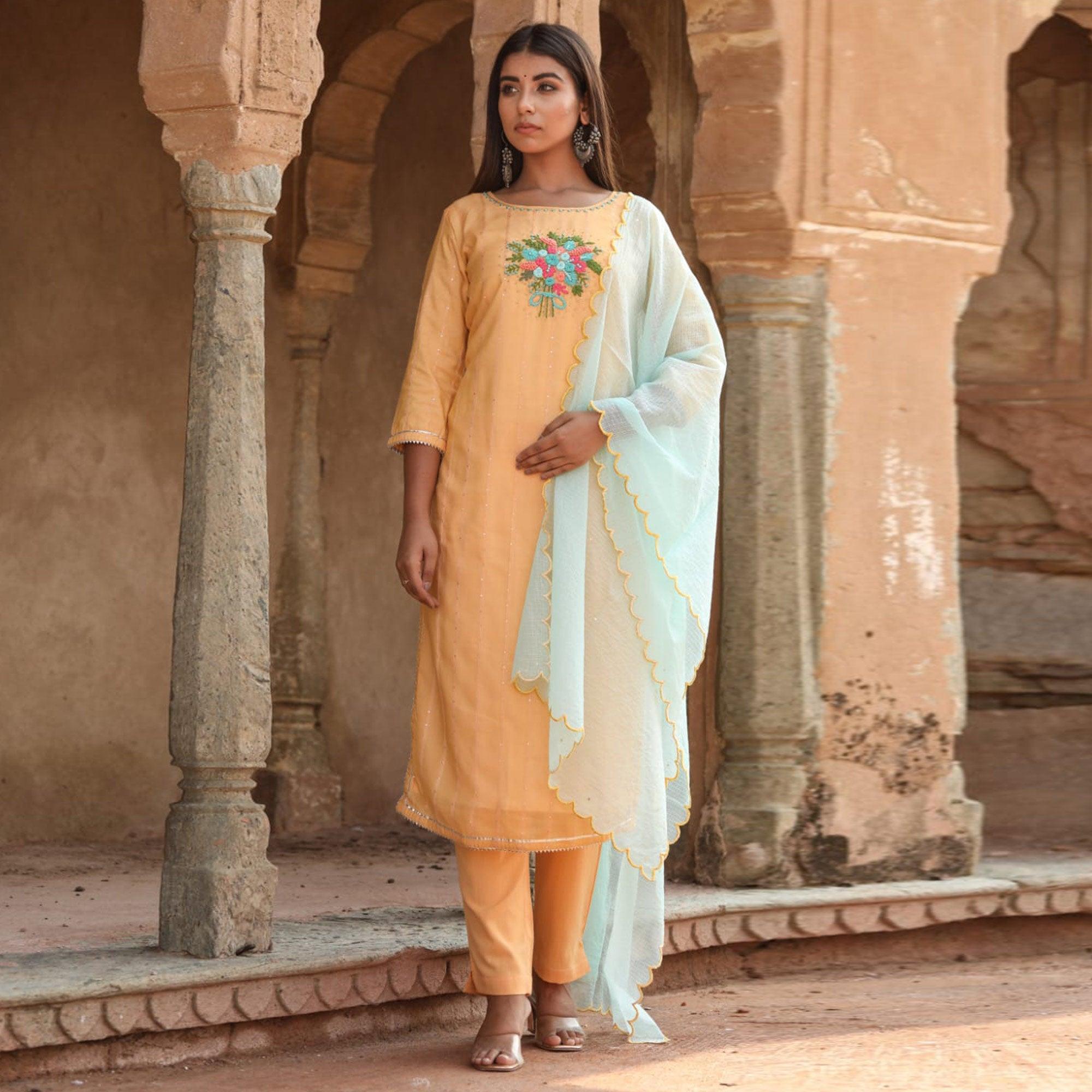 Yellow Partywear Floral Embroidered Cotton Kurti Pant Set With Dupatta - Peachmode