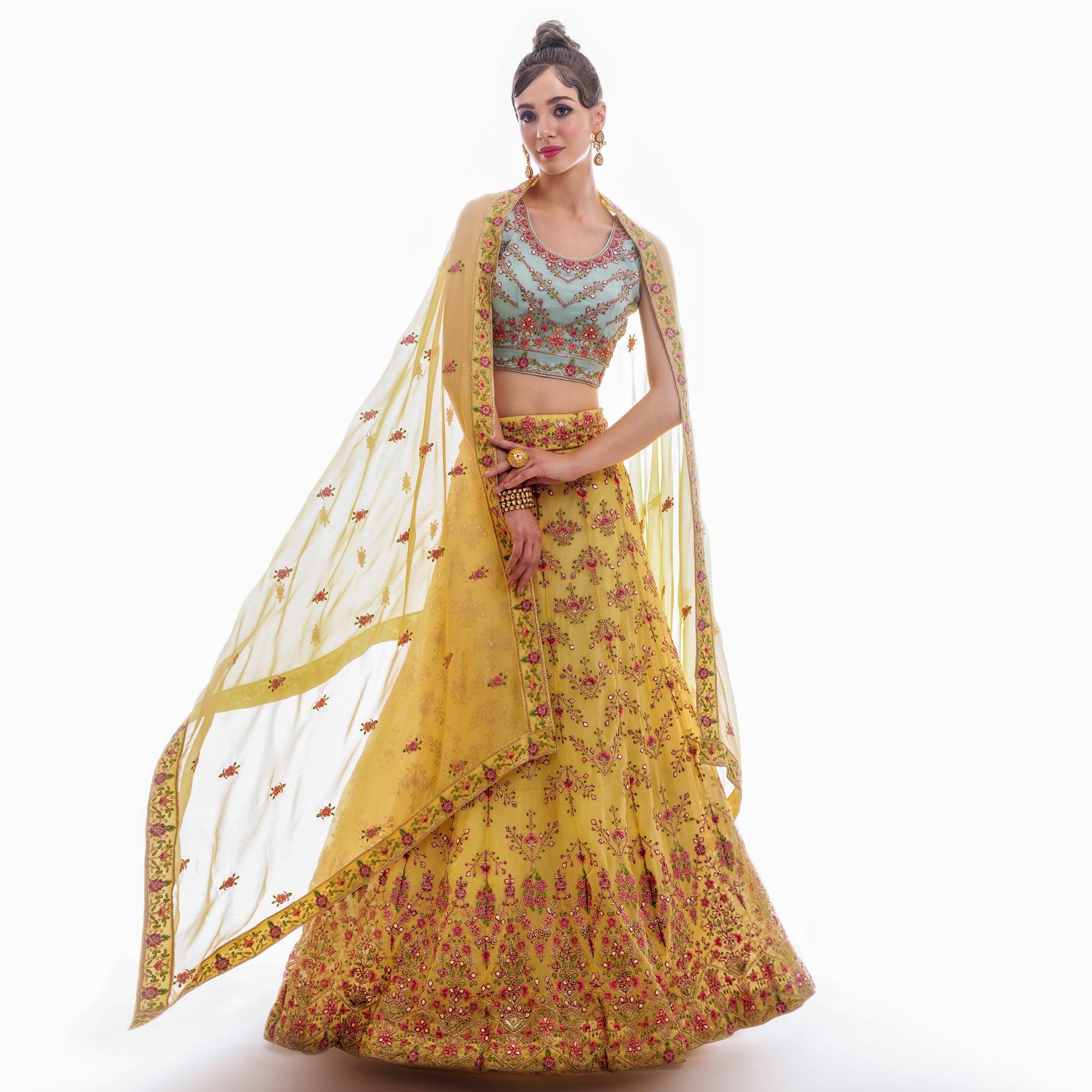 Yellow Partywear Floral Embroidered Georgette Lehenga Choli - Peachmode