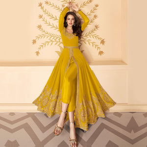 Yellow Partywear Floral Embroidered Georgette Suit - Peachmode