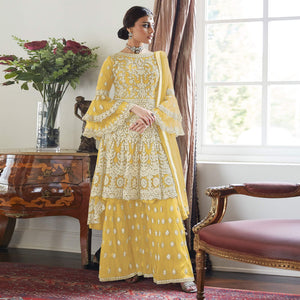 Yellow Partywear Floral Embroidered Net Sharara Suit - Peachmode