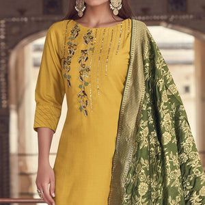 Yellow Partywear Floral Embroidered Silk Suit - Peachmode