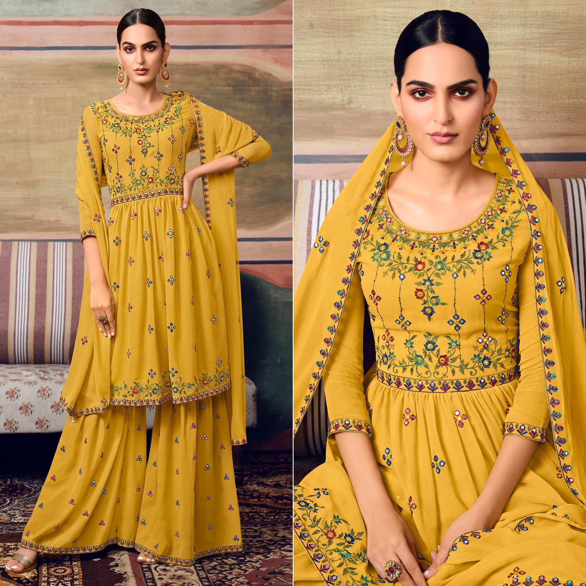Yellow Partywear Floral Embroidery With Embellished Georgette Sharara Suit - Peachmode