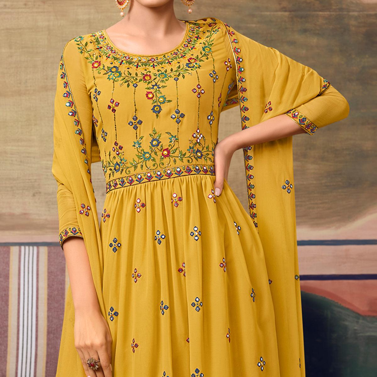 Yellow Partywear Floral Embroidery With Embellished Georgette Sharara Suit - Peachmode