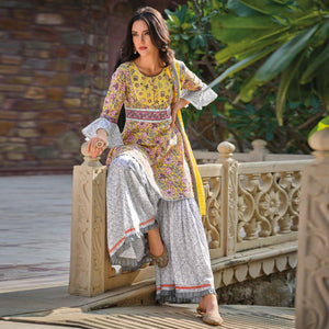Yellow Partywear Floral Printed Cotton Sharara Suit - Peachmode