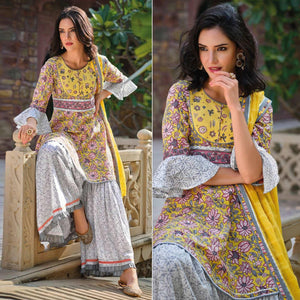 Yellow Partywear Floral Printed Cotton Sharara Suit - Peachmode