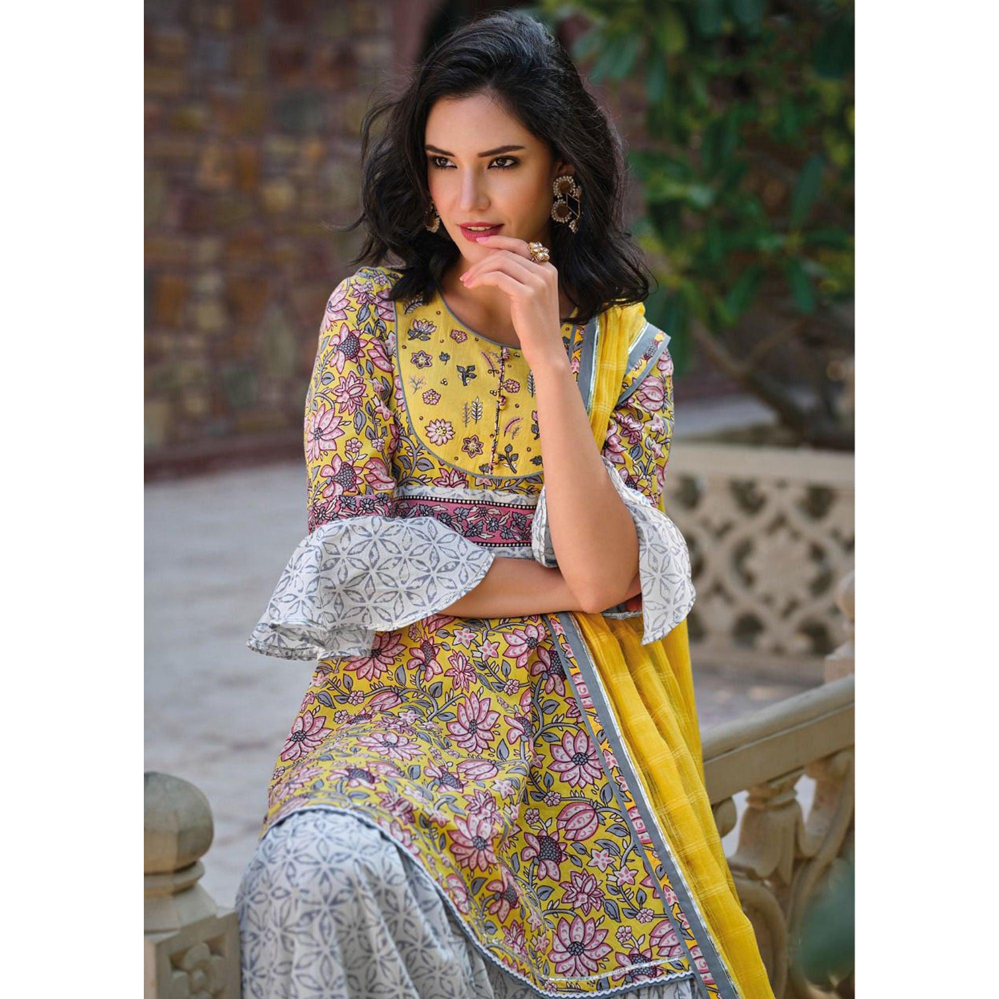 Yellow Partywear Floral Printed Cotton Sharara Suit - Peachmode