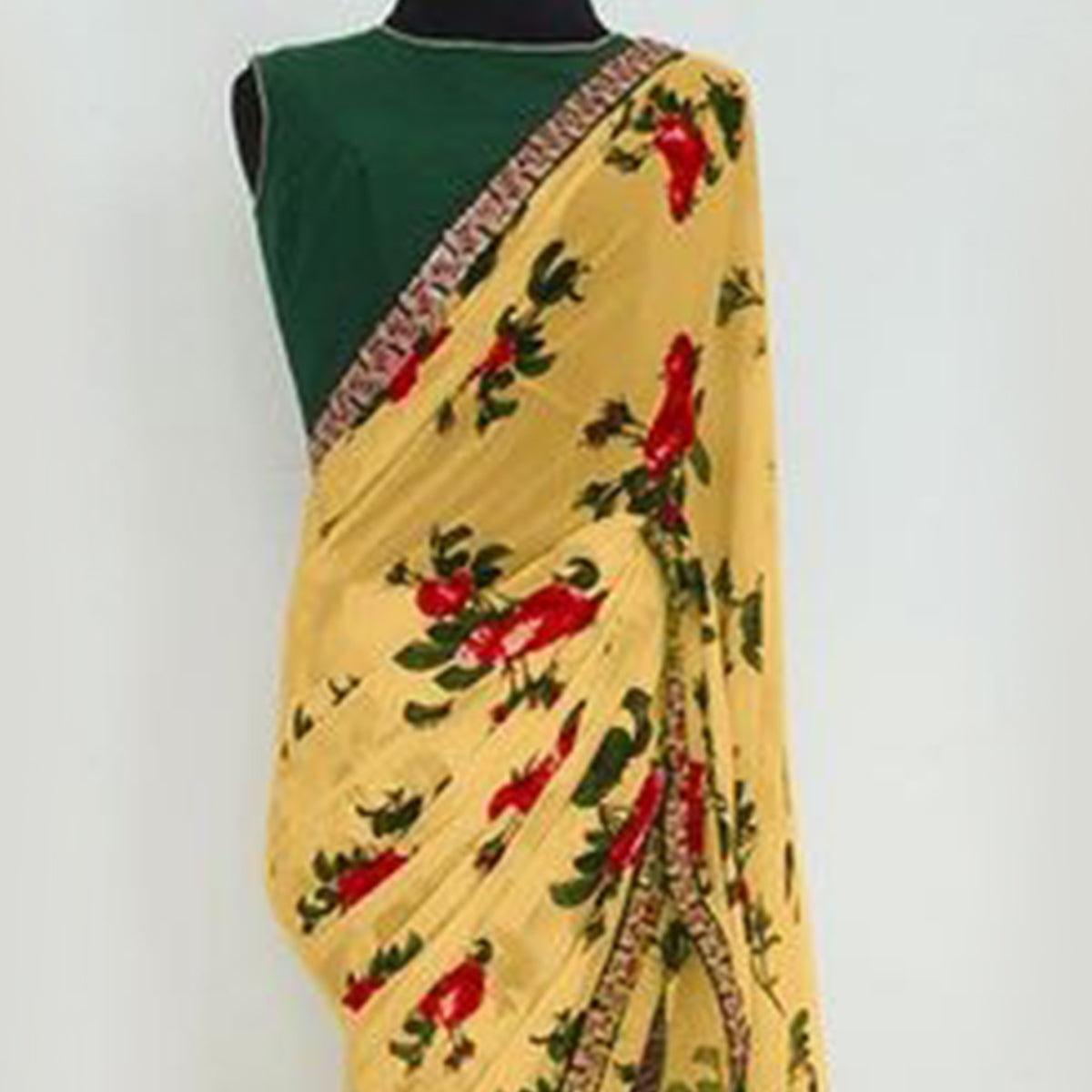 Yellow Partywear Floral Printed Georgette Saree With Embroidered Lace - Peachmode