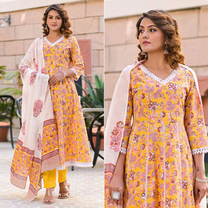 Yellow Partywear Printed Cotton Anarkali Suit - Peachmode
