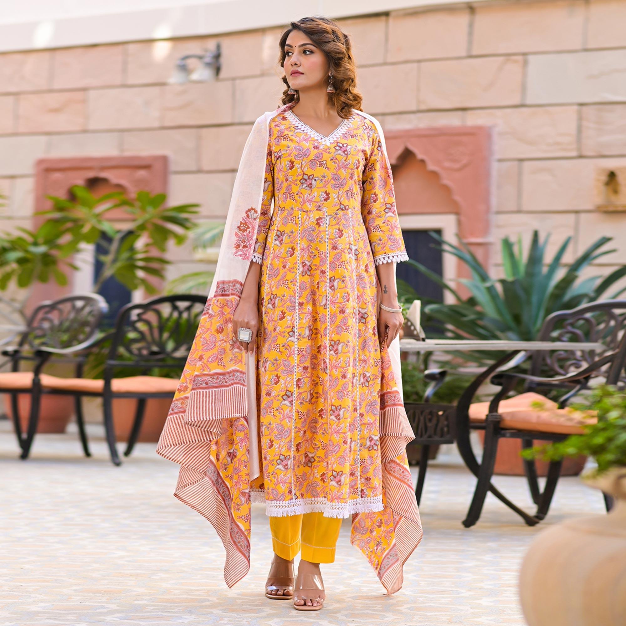 Yellow Partywear Printed Cotton Anarkali Suit - Peachmode