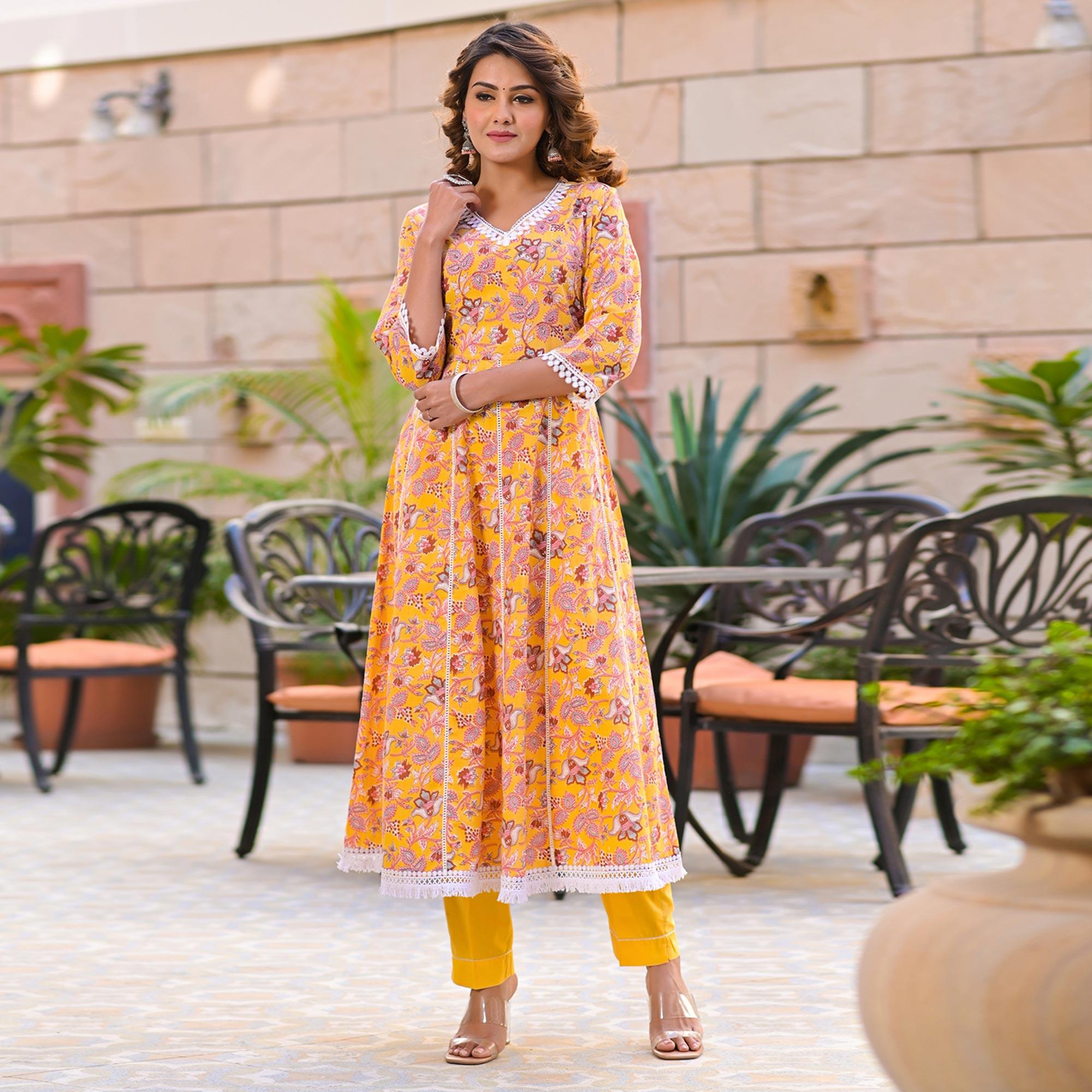 Yellow Partywear Printed Cotton Anarkali Suit - Peachmode