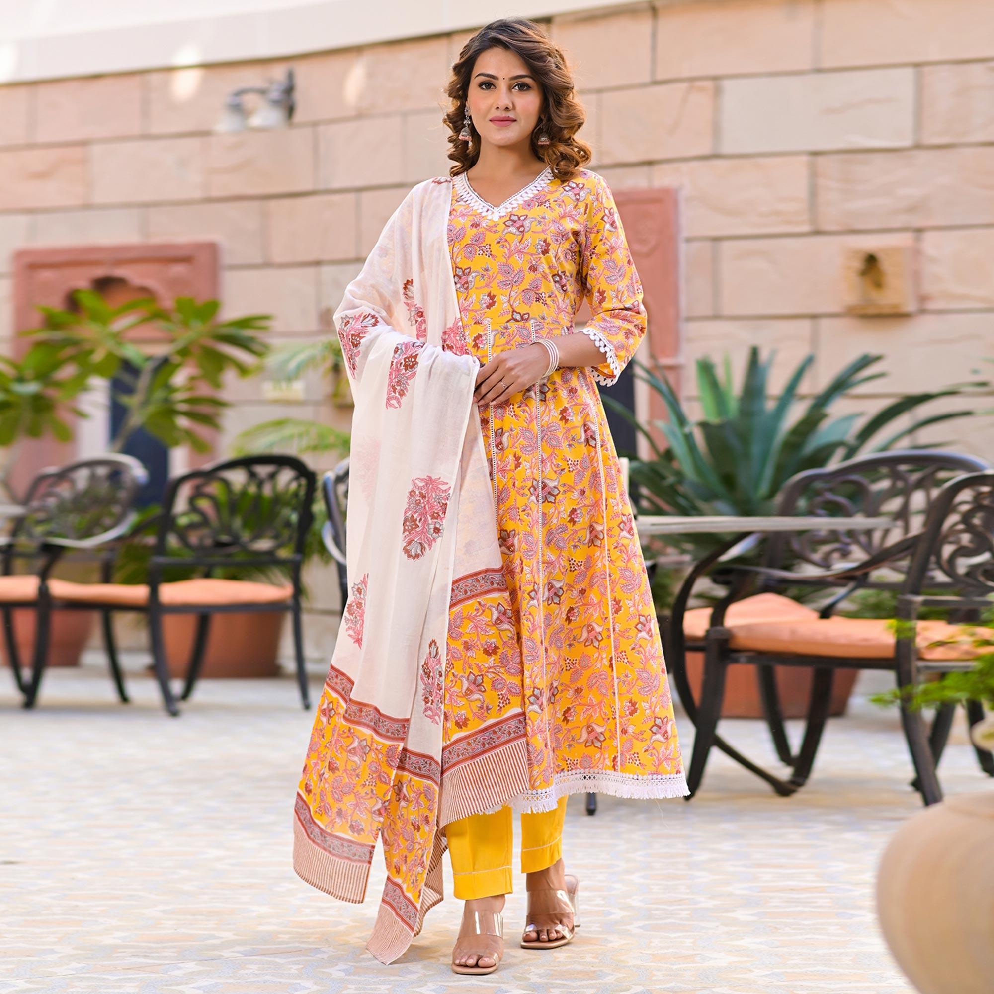Yellow Partywear Printed Cotton Anarkali Suit - Peachmode