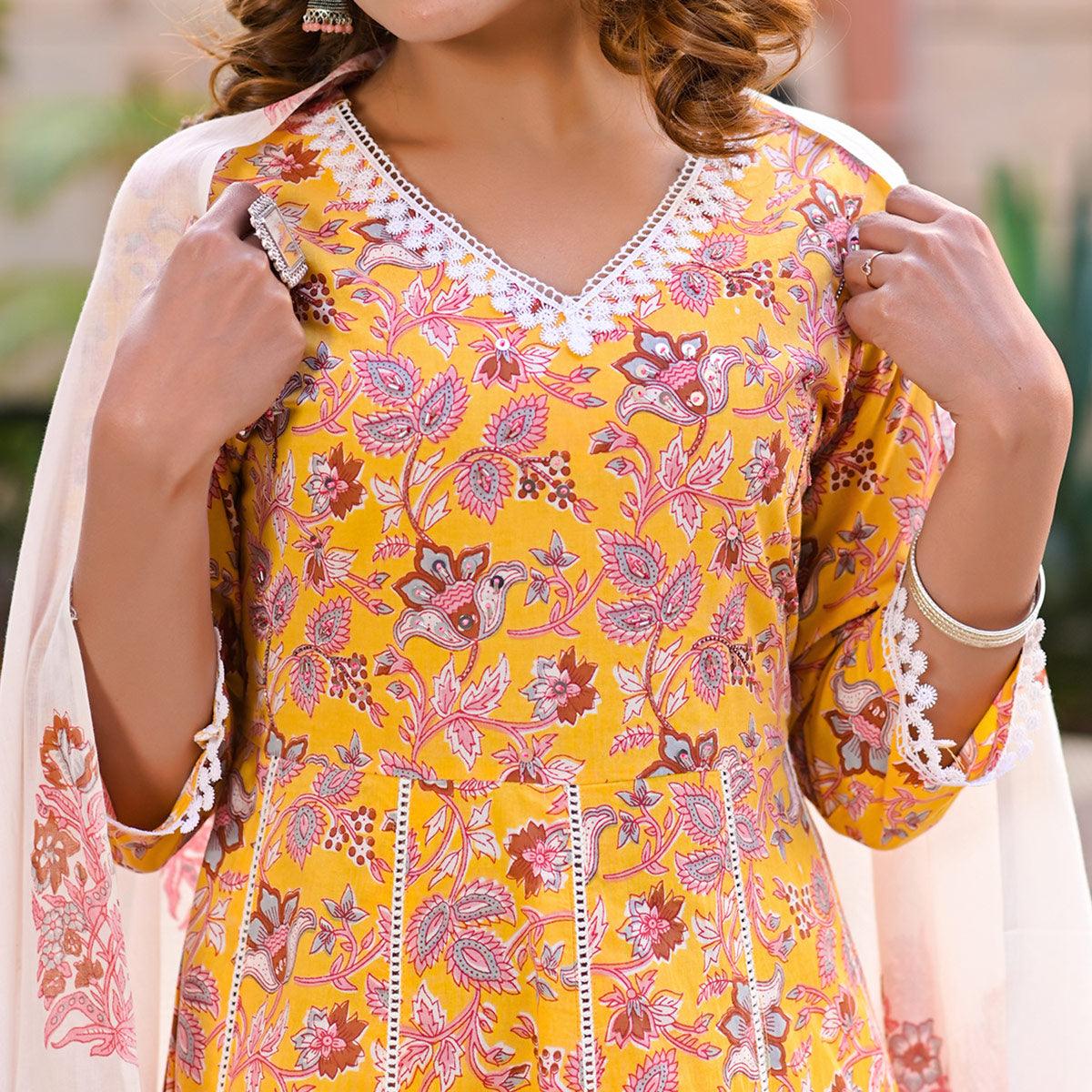 Yellow Partywear Printed Cotton Anarkali Suit - Peachmode