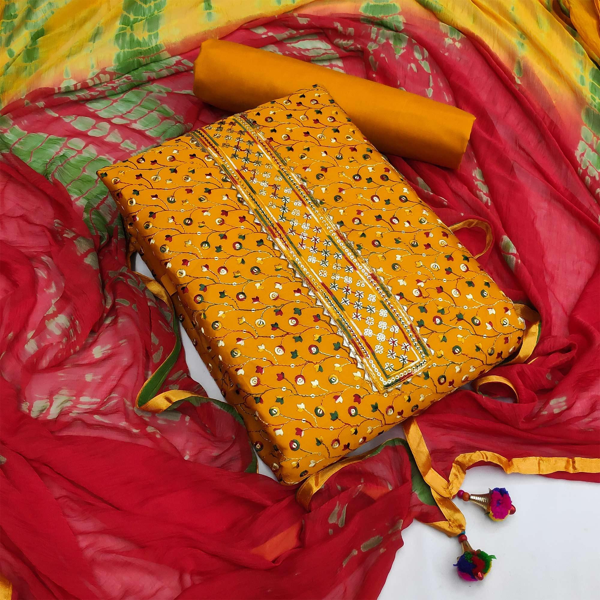 Yellow Partywear Printed Cotton Dress Material - Peachmode