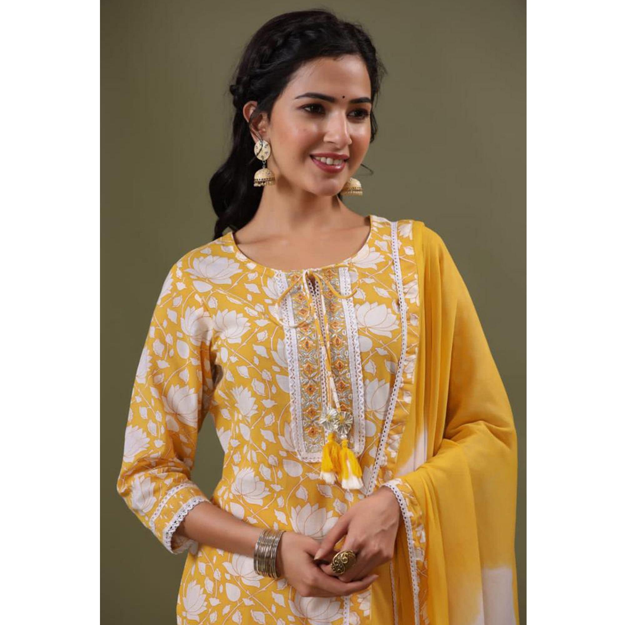 Yellow Partywear Printed With Embroidered Cotton Suit - Peachmode