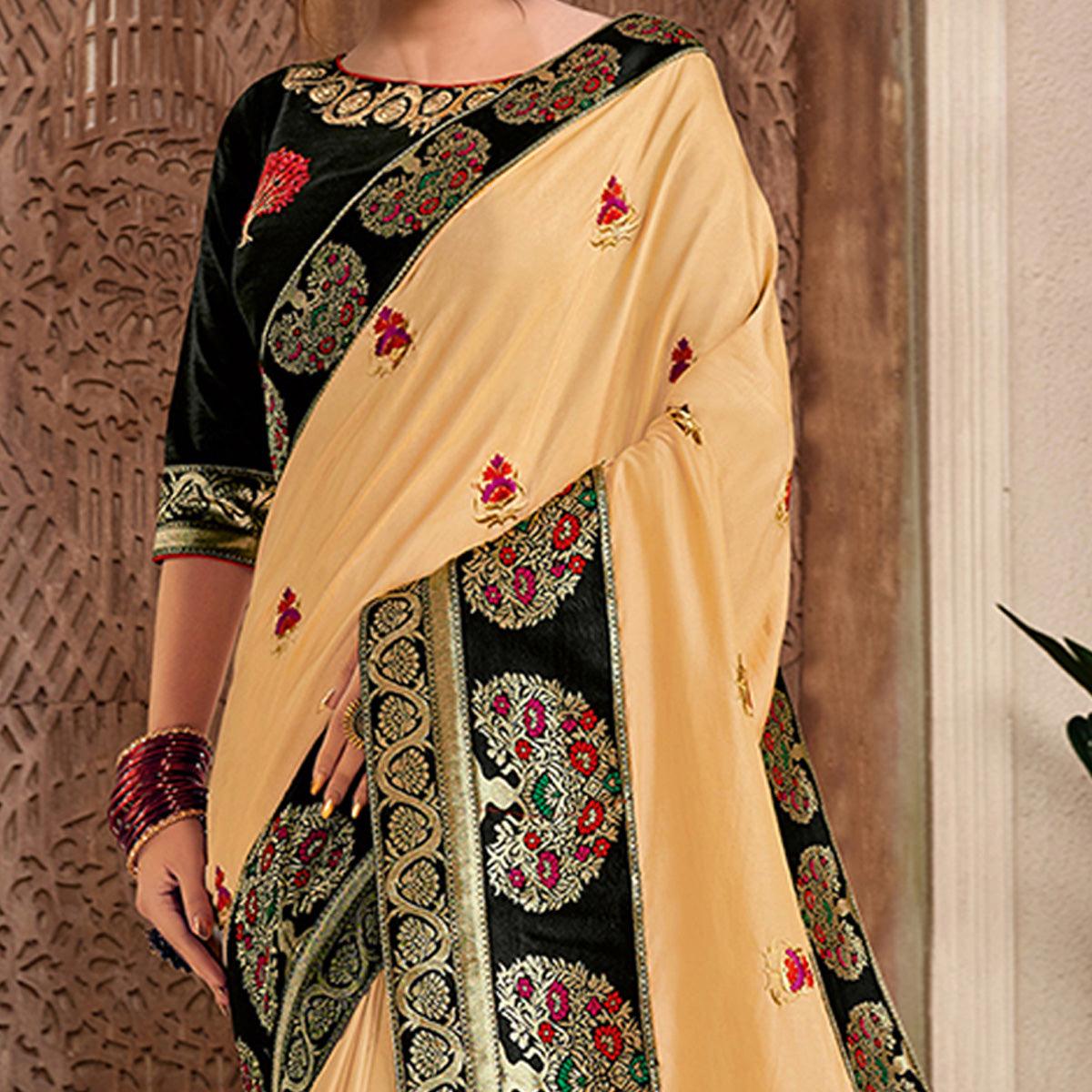 Yellow Partywear Resham & Zari Embroidered Silk Saree - Peachmode