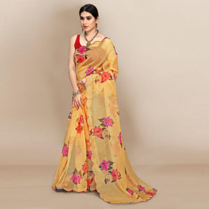 Yellow Partywear Sequence & Printed Organza Saree - Peachmode