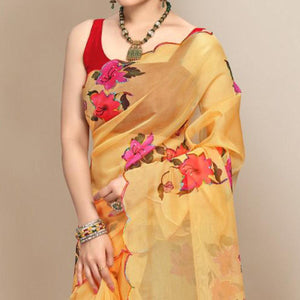 Yellow Partywear Sequence & Printed Organza Saree - Peachmode