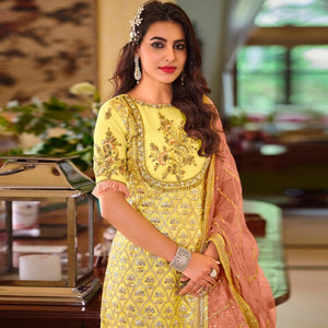 Yellow Partywear Sequence Embroidered Georgette Sharara Suit - Peachmode