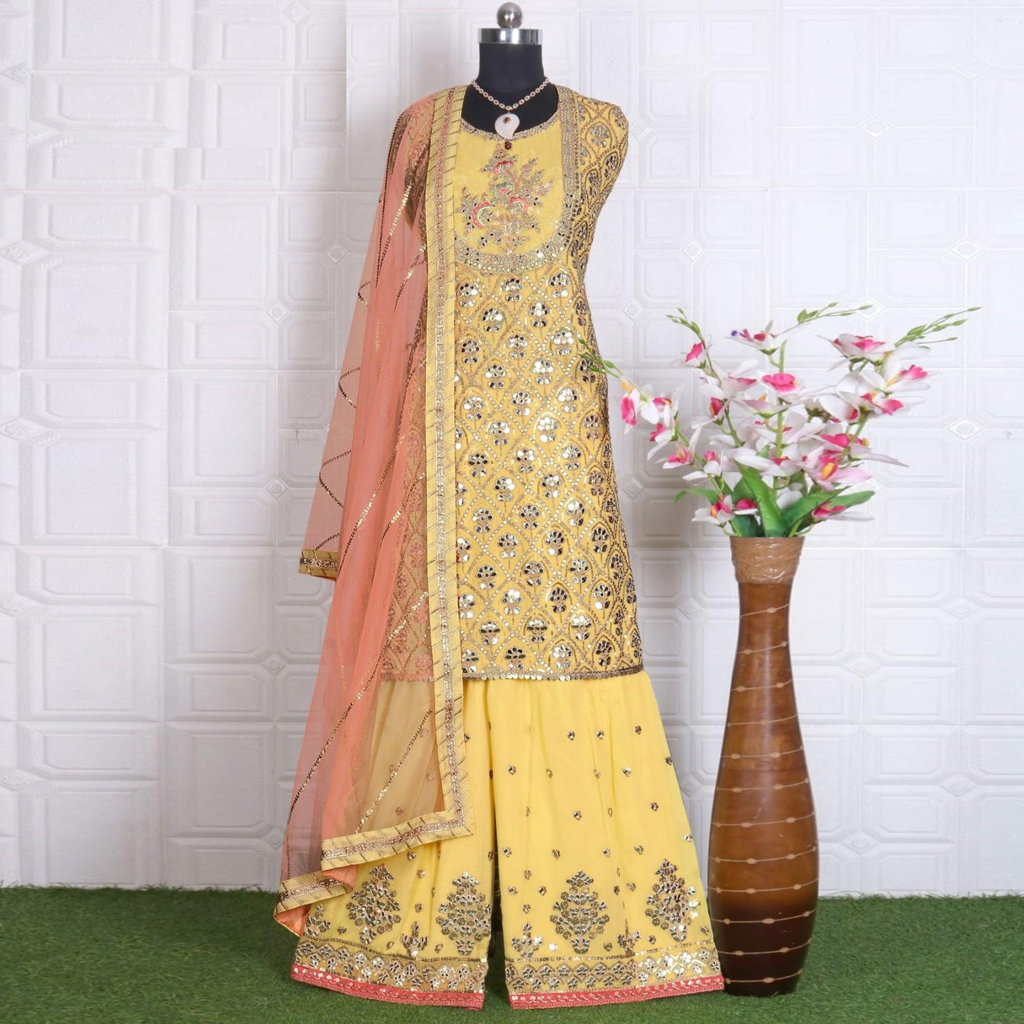 Yellow Partywear Sequence Embroidered Georgette Sharara Suit - Peachmode