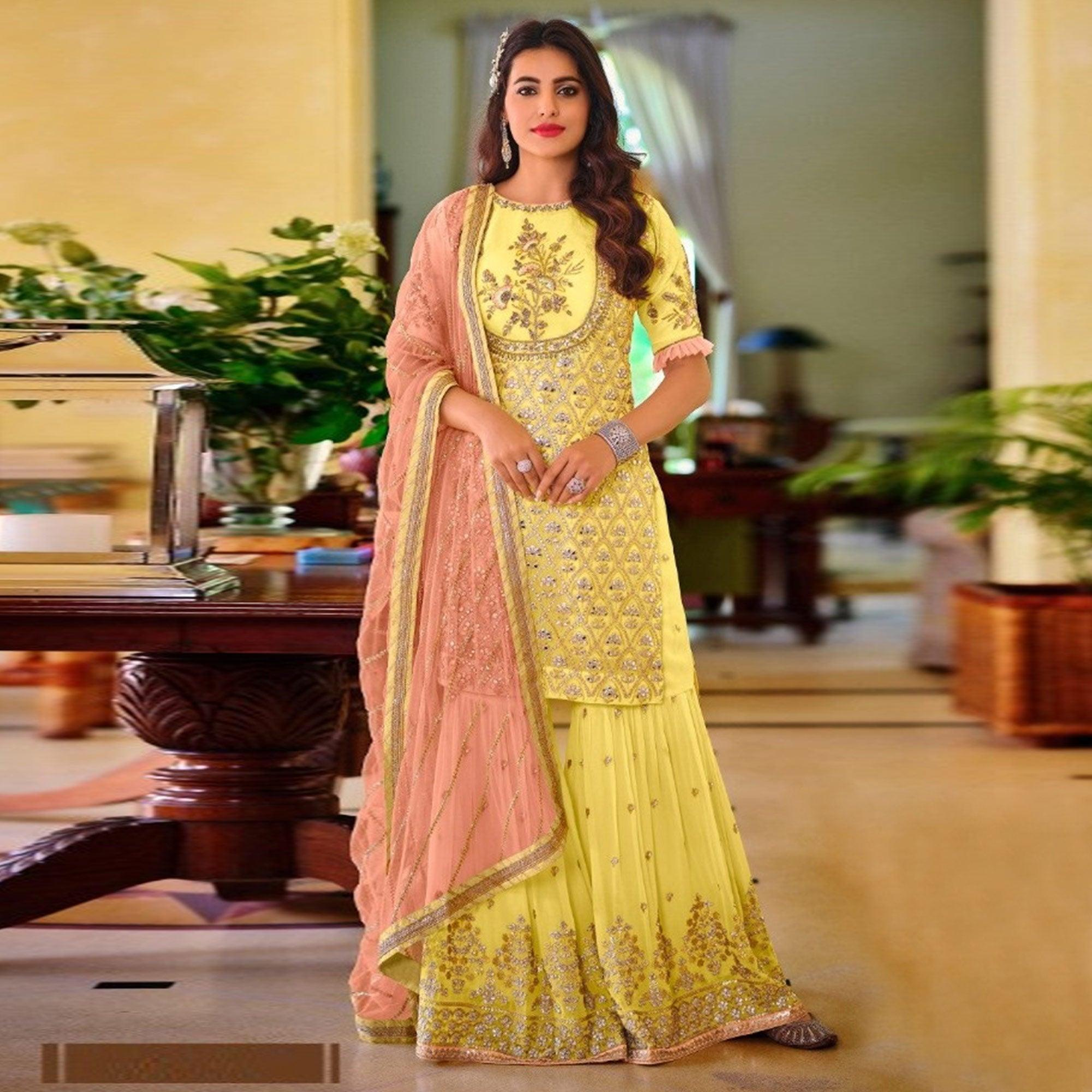 Yellow Partywear Sequence Embroidered Georgette Sharara Suit - Peachmode