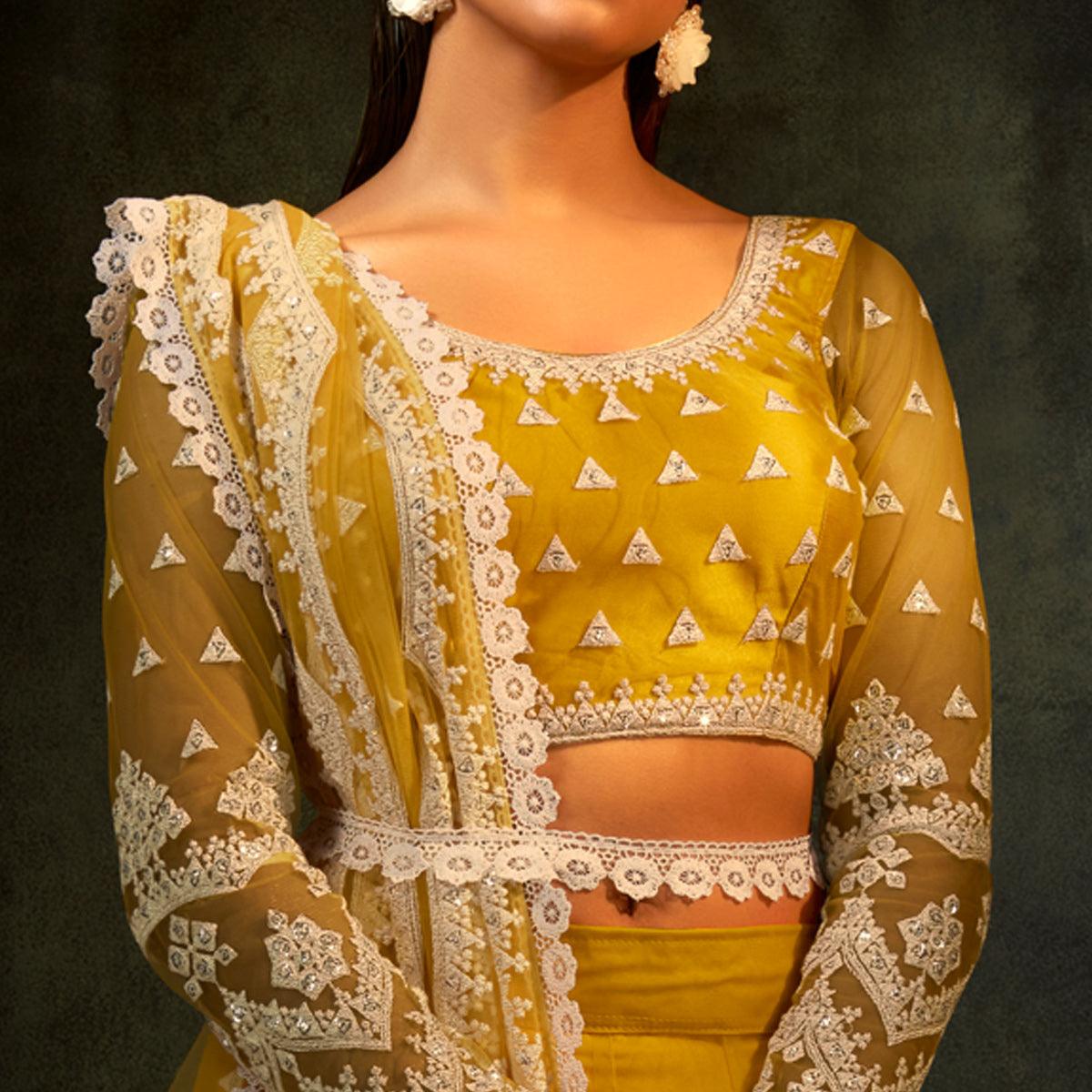 Yellow Partywear Sequence Embroidered Net Lehenga Choli - Peachmode