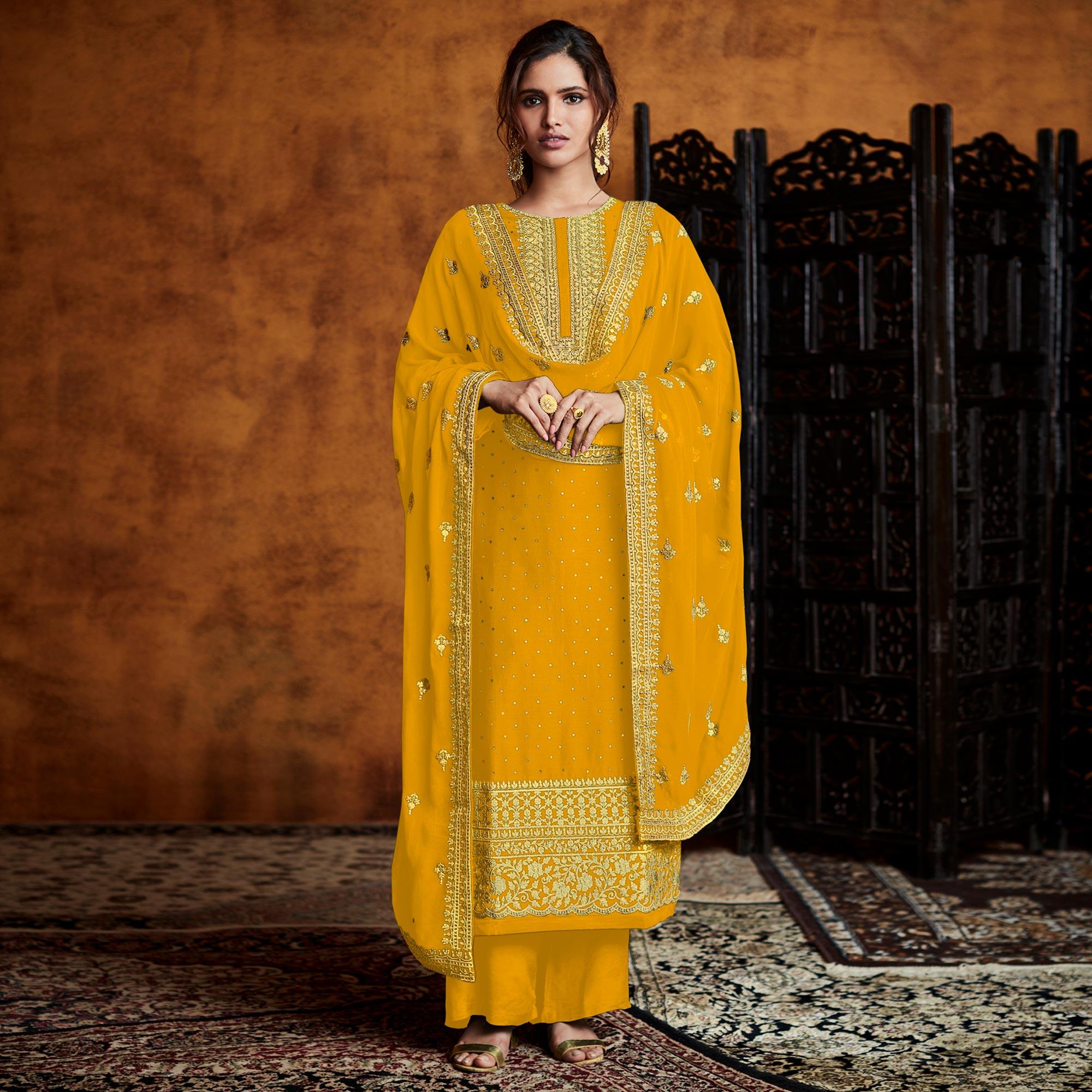 Yellow Partywear Sequence Embroidered Real Georgette Palazzo Suit - Peachmode