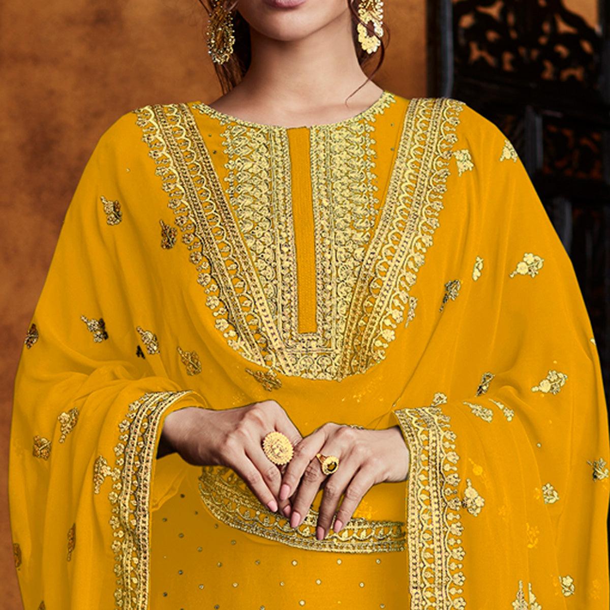 Yellow Partywear Sequence Embroidered Real Georgette Palazzo Suit - Peachmode