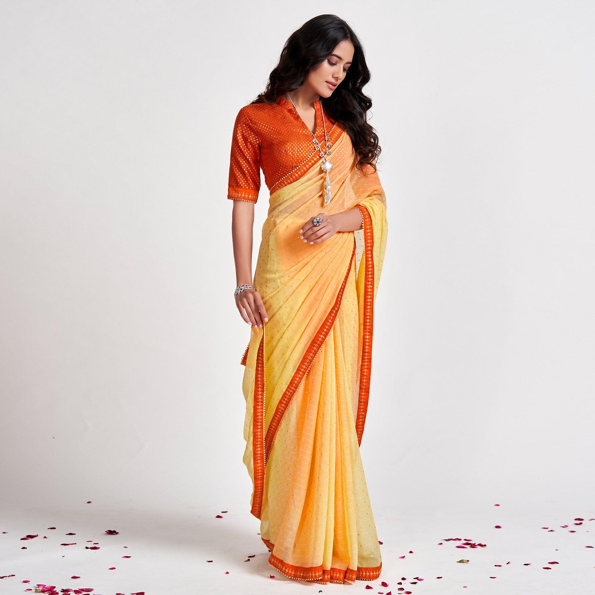 Yellow Partywear Sequence Foil Printed Georgette Saree - Peachmode
