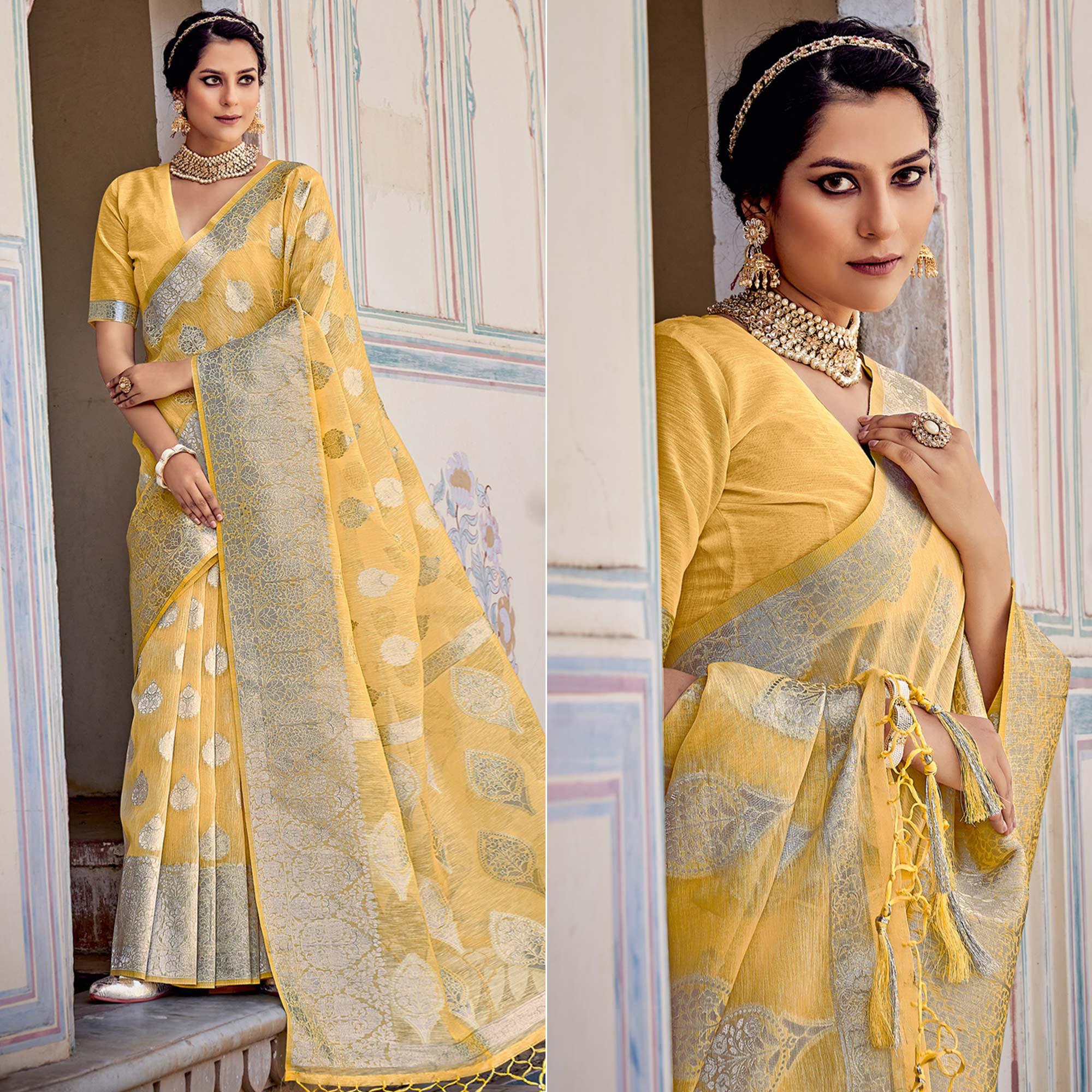Yellow Partywear Silver Zari Work Linen Saree - Peachmode