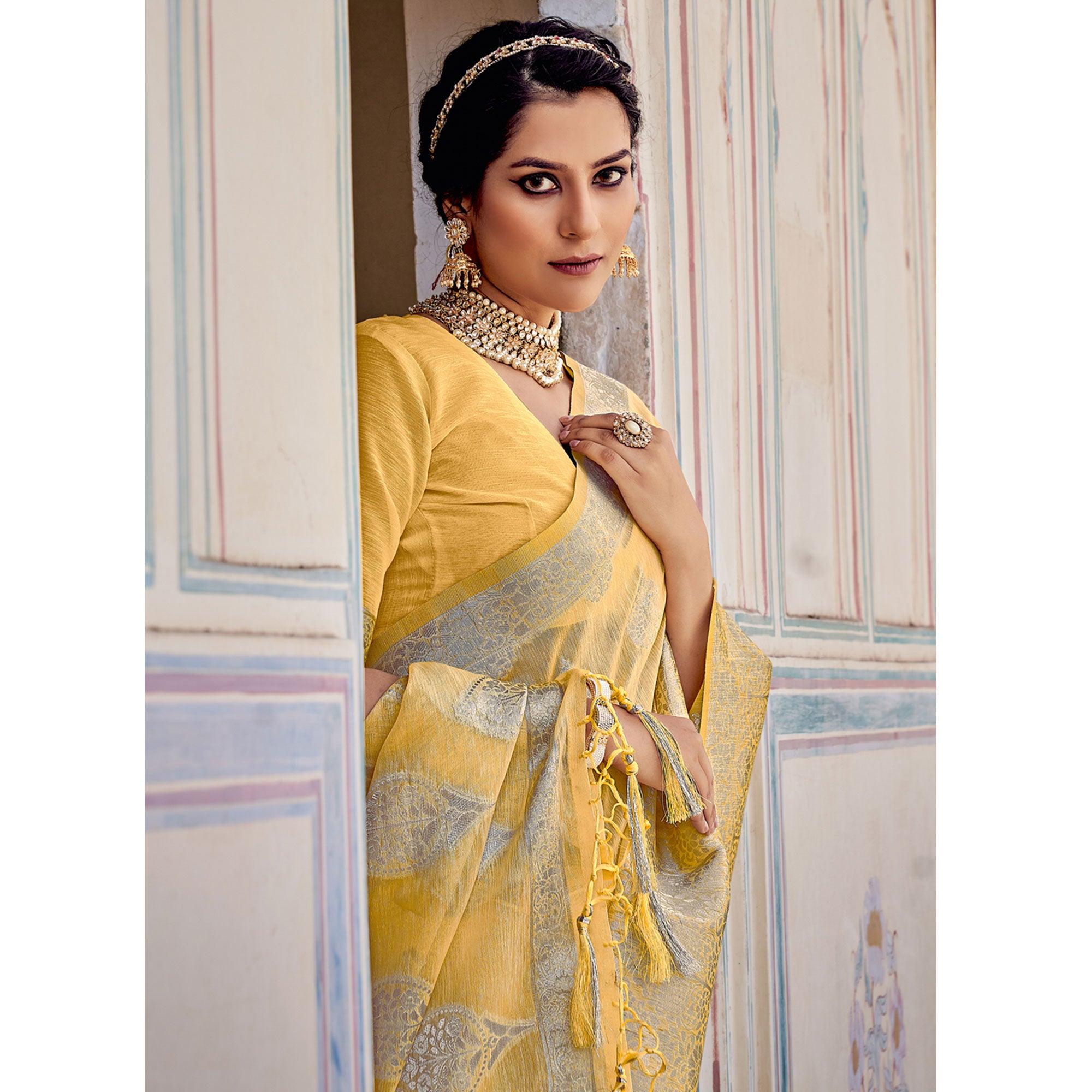 Yellow Partywear Silver Zari Work Linen Saree - Peachmode
