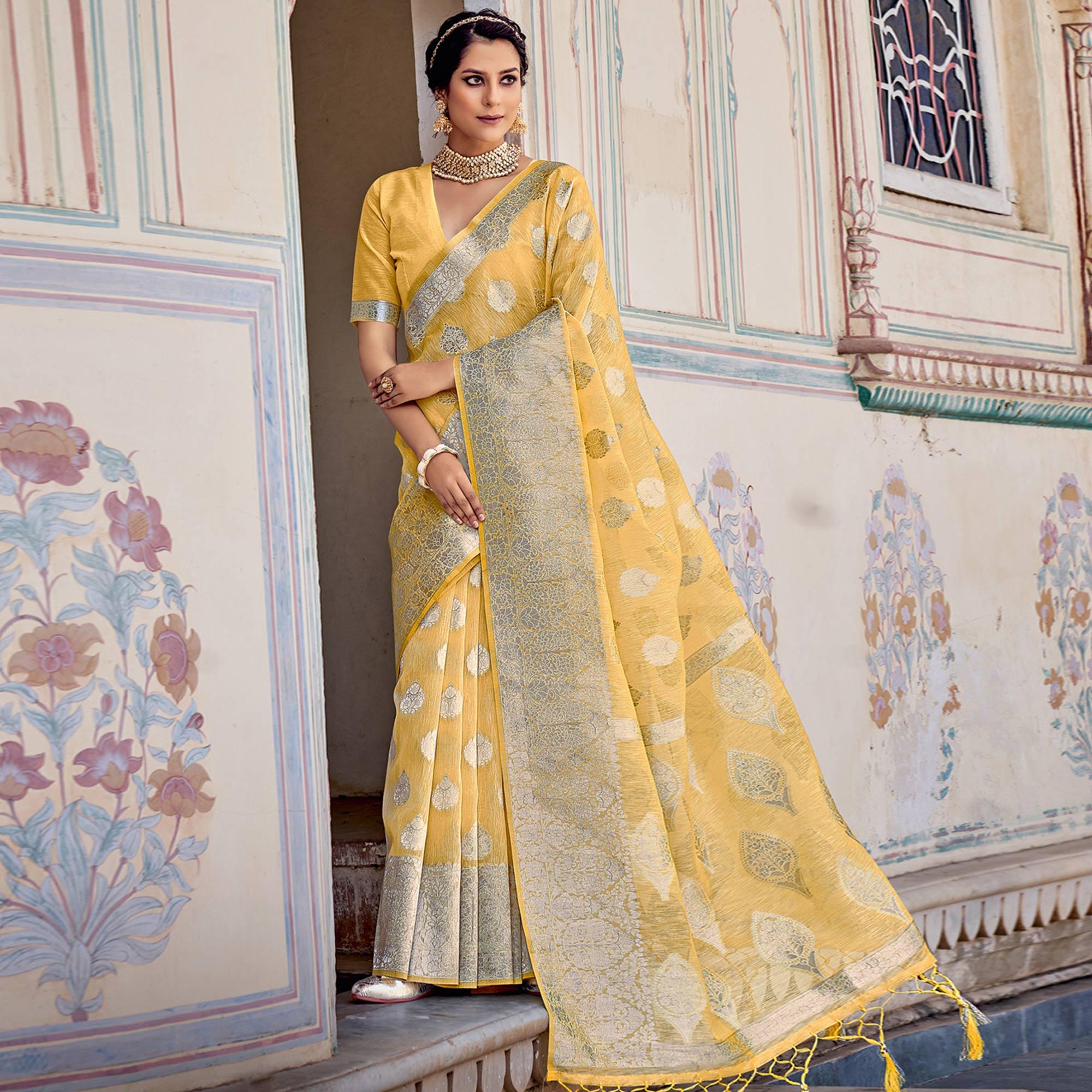 Yellow Partywear Silver Zari Work Linen Saree - Peachmode