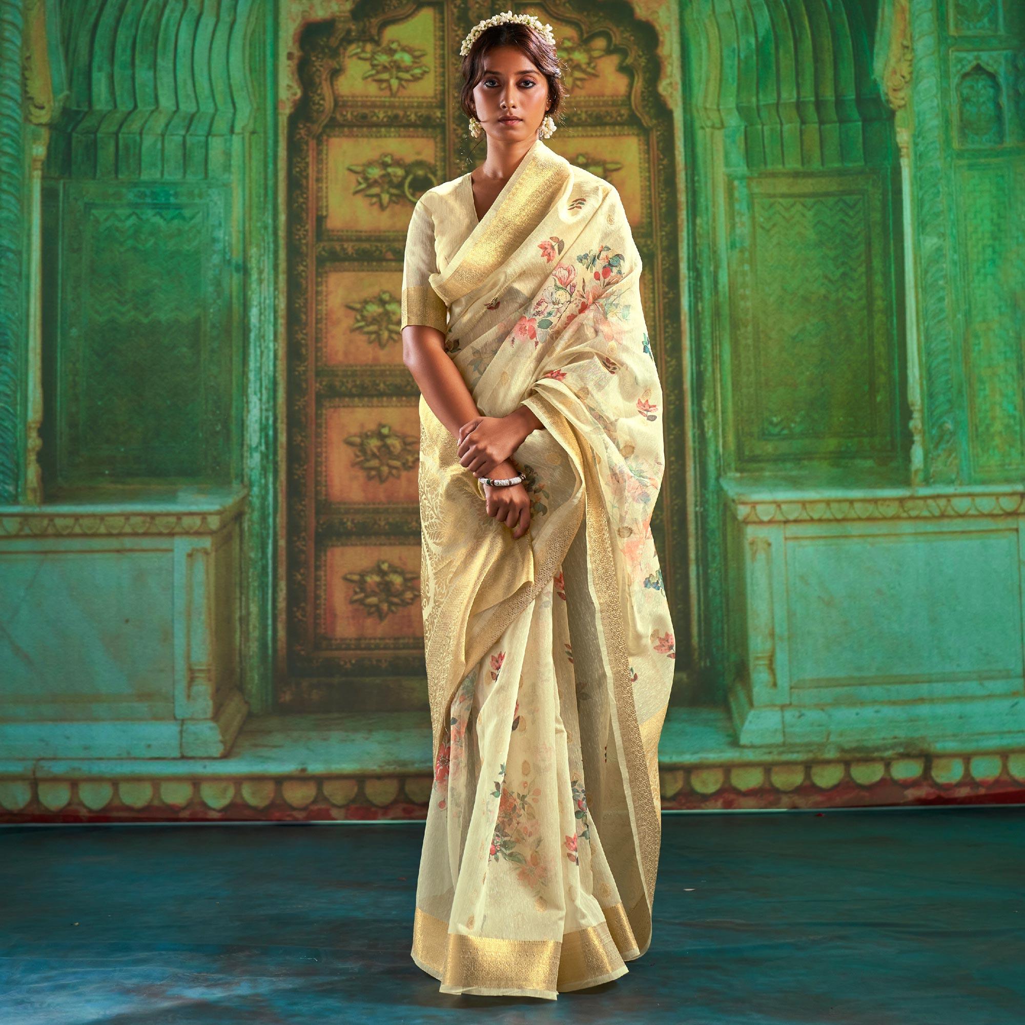 Yellow Partywear Wear Digital Floral Taspa Linen Silk Saree - Peachmode