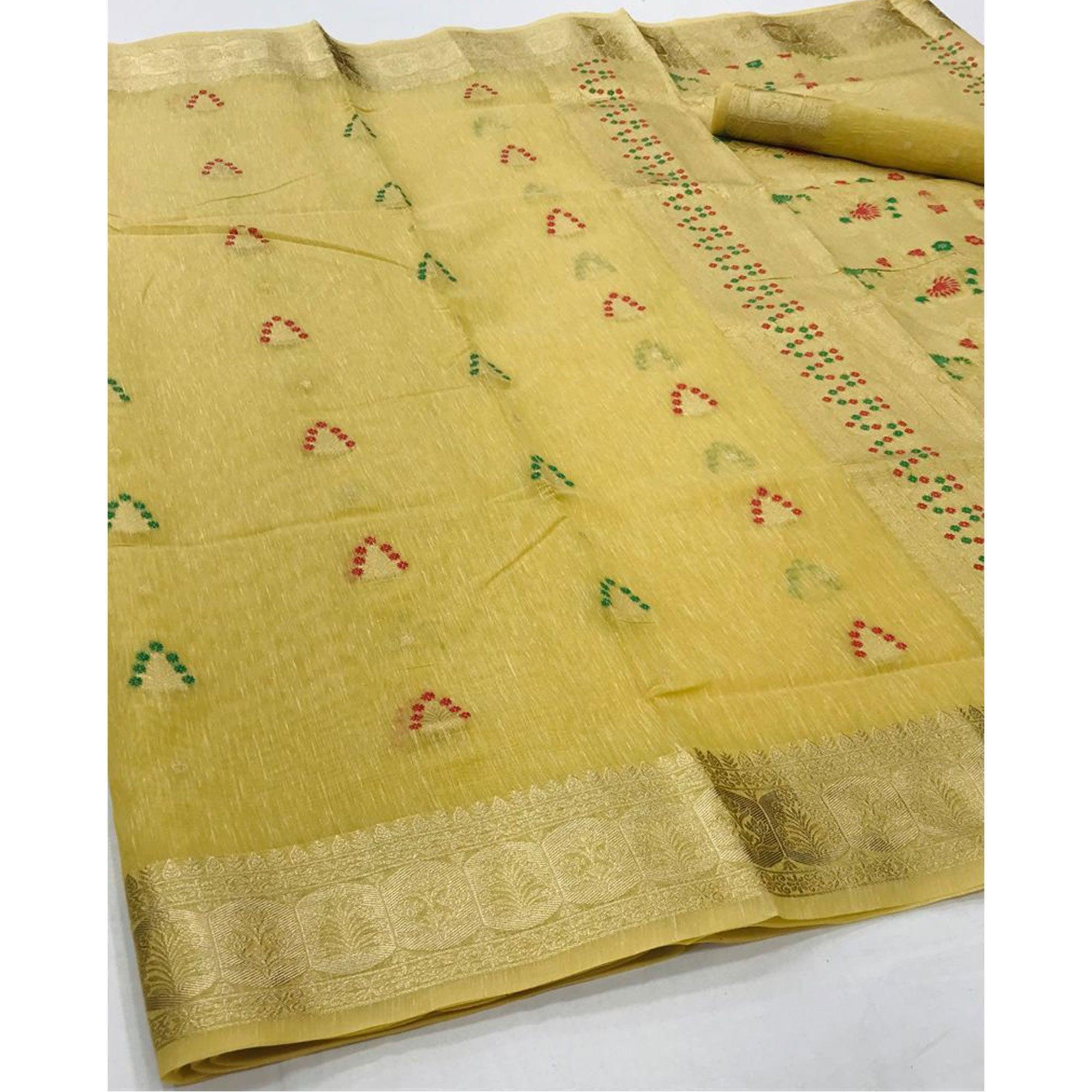 Yellow Partywear Woven Pure Linen Saree - Peachmode