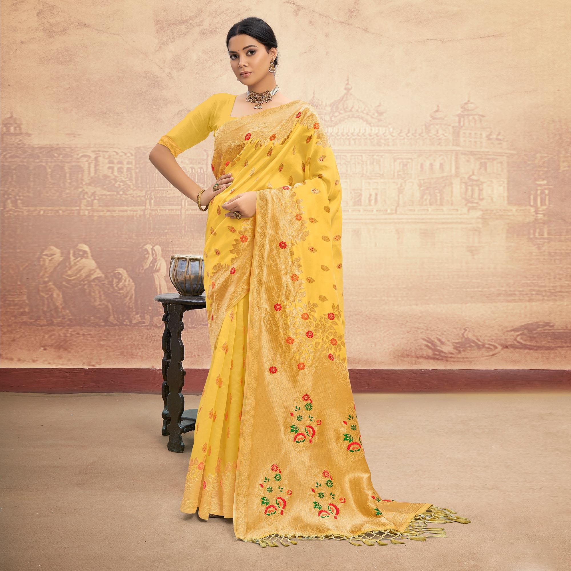 Yellow Partywear Woven Silk Saree - Peachmode