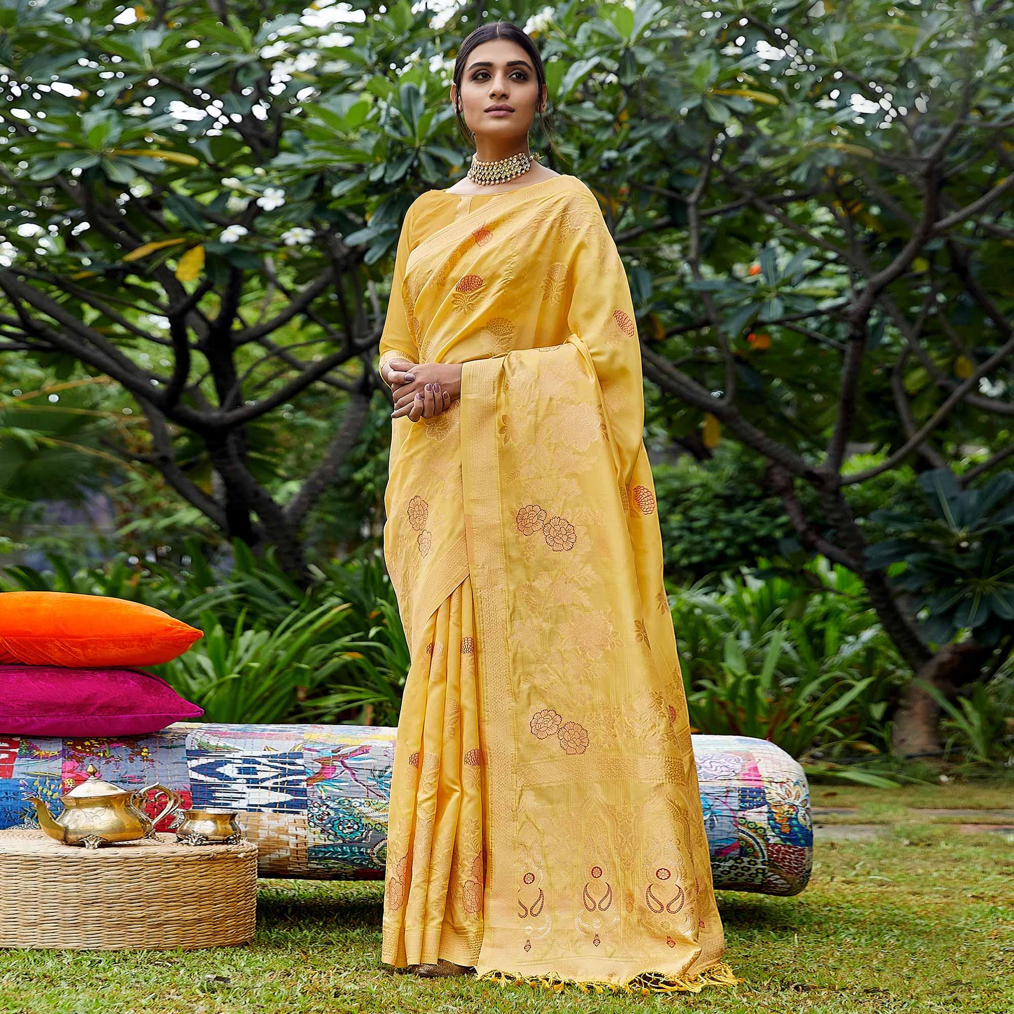 Yellow Partywear Woven Silk Saree - Peachmode